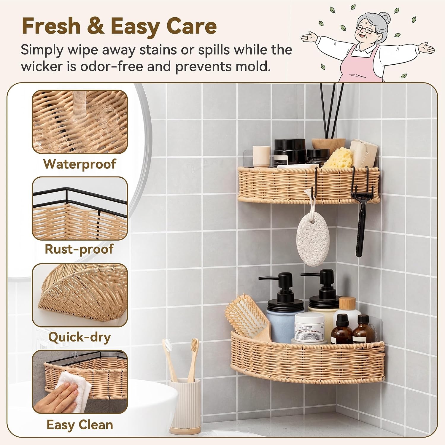 image:imageGRANNY SAYS 2 Pack Wicker Corner Shower Caddy Hanging Shower Shelf for Inside Showers Adhesive Shelves for Bathroom Organizers and Storage Bathroom Shelves Wall Mounted for Home Decor NaturalNatural