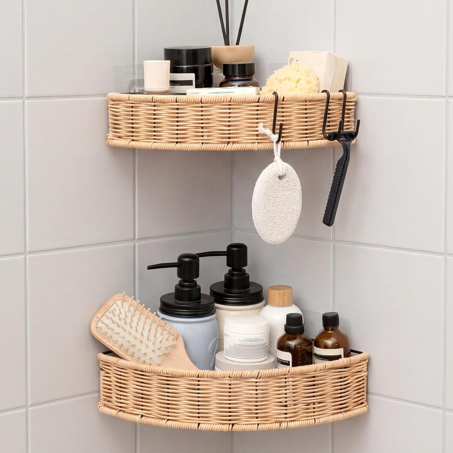 image:imageGRANNY SAYS 2 Pack Wicker Corner Shower Caddy Hanging Shower Shelf for Inside Showers Adhesive Shelves for Bathroom Organizers and Storage Bathroom Shelves Wall Mounted for Home Decor NaturalNatural