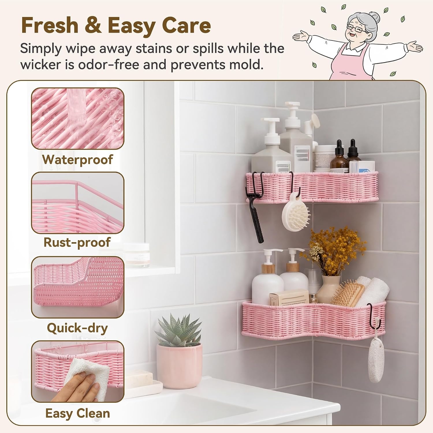image:imageGRANNY SAYS 2 Pack Wicker Corner Shower Caddy Hanging Shower Shelf for Inside Showers Adhesive Shelves for Bathroom Organizers and Storage Bathroom Shelves Wall Mounted for Home Decor NaturalPink