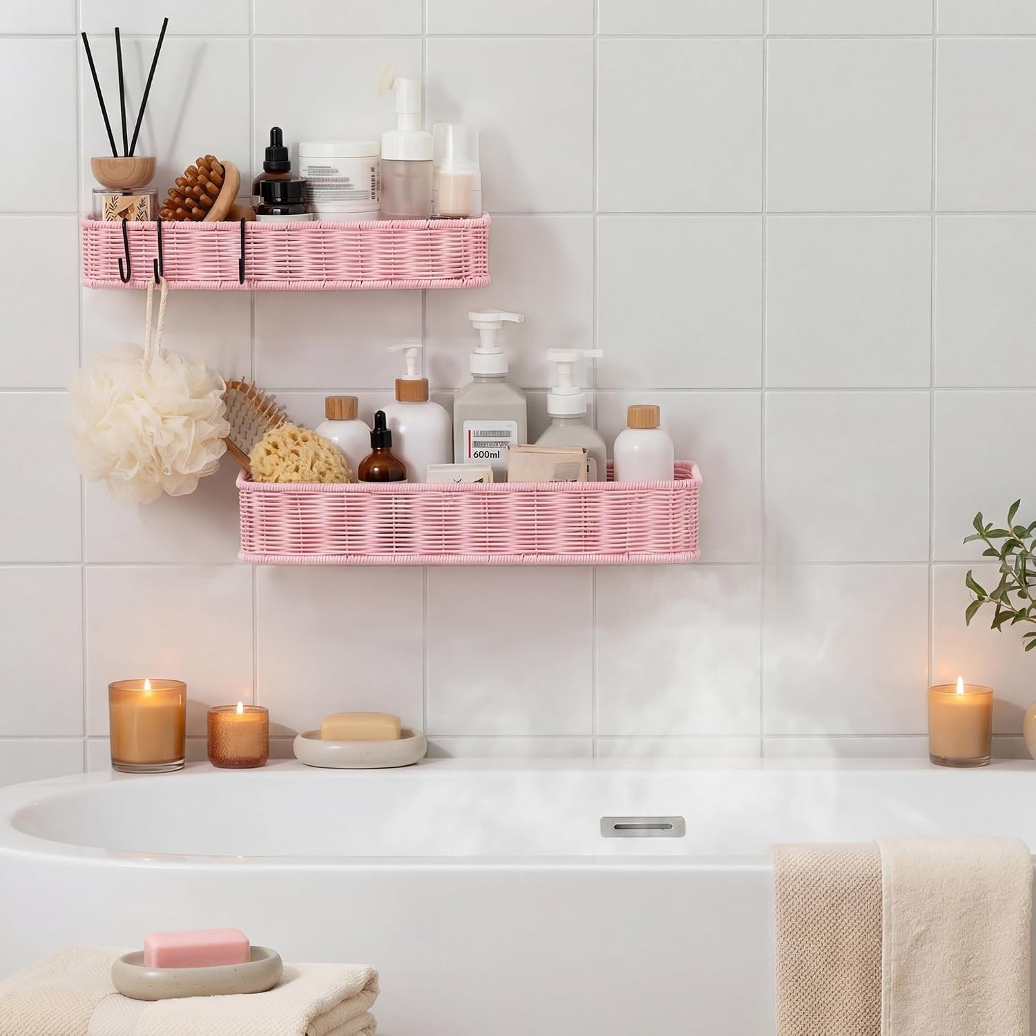 image:imageGRANNY SAYS 2 Pack Wicker Corner Shower Caddy Hanging Shower Shelf for Inside Showers Adhesive Shelves for Bathroom Organizers and Storage Bathroom Shelves Wall Mounted for Home Decor NaturalPink