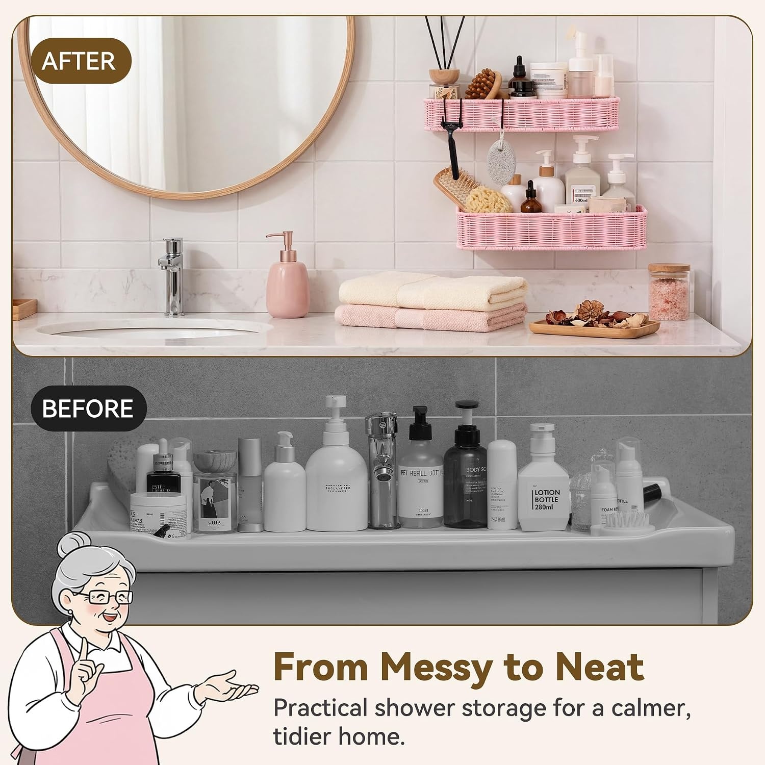 image:imageGRANNY SAYS 2 Pack Wicker Corner Shower Caddy Hanging Shower Shelf for Inside Showers Adhesive Shelves for Bathroom Organizers and Storage Bathroom Shelves Wall Mounted for Home Decor NaturalPink