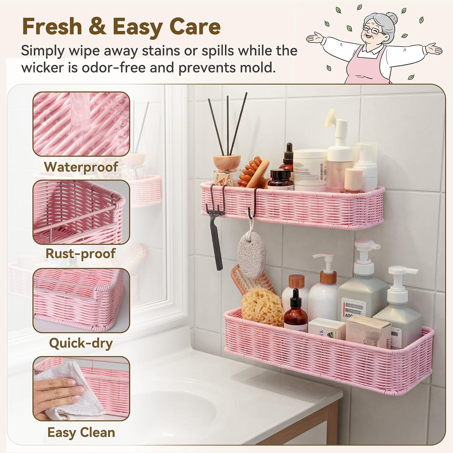 image:imageGRANNY SAYS 2 Pack Wicker Corner Shower Caddy Hanging Shower Shelf for Inside Showers Adhesive Shelves for Bathroom Organizers and Storage Bathroom Shelves Wall Mounted for Home Decor NaturalPink