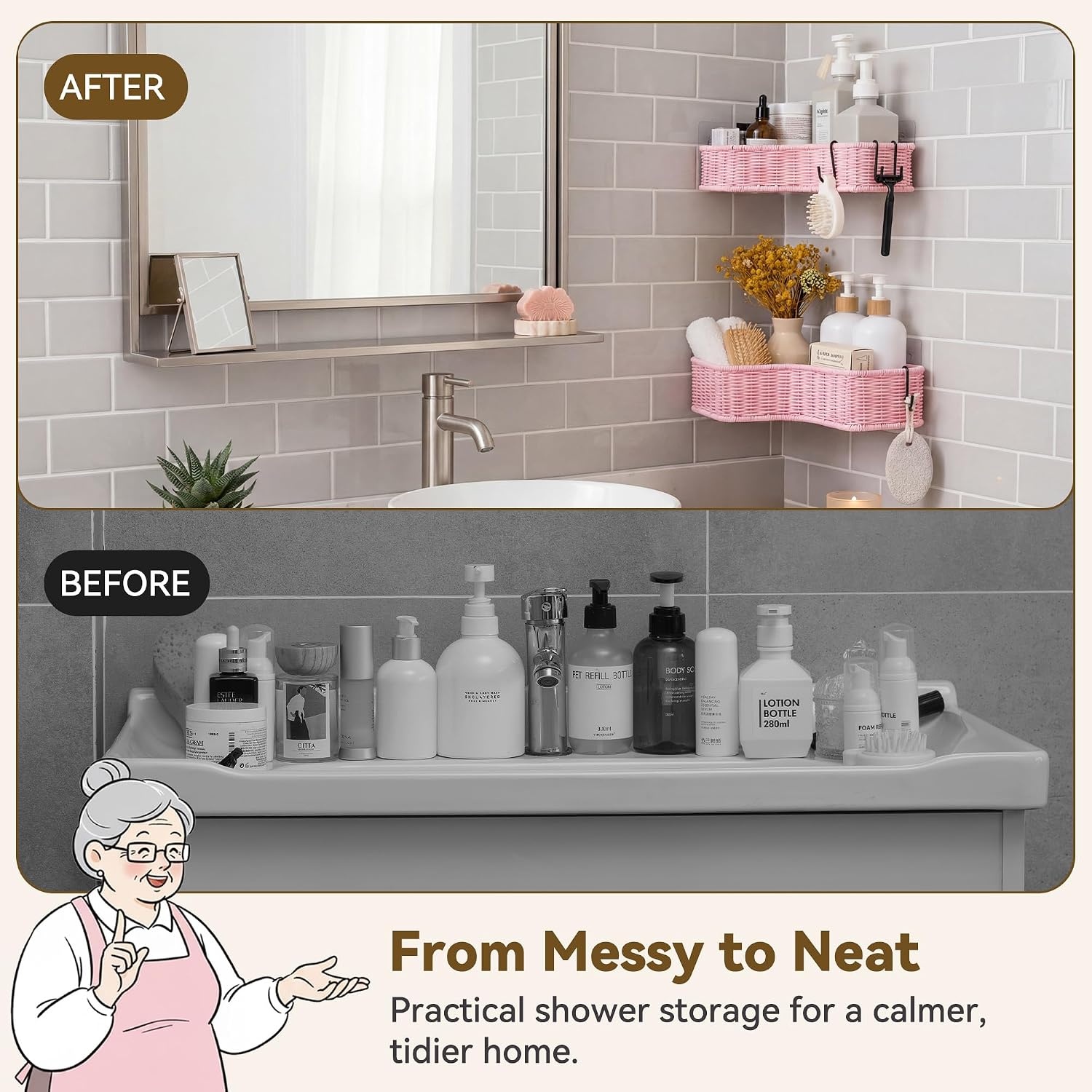 image:imageGRANNY SAYS 2 Pack Wicker Corner Shower Caddy Hanging Shower Shelf for Inside Showers Adhesive Shelves for Bathroom Organizers and Storage Bathroom Shelves Wall Mounted for Home Decor NaturalPink