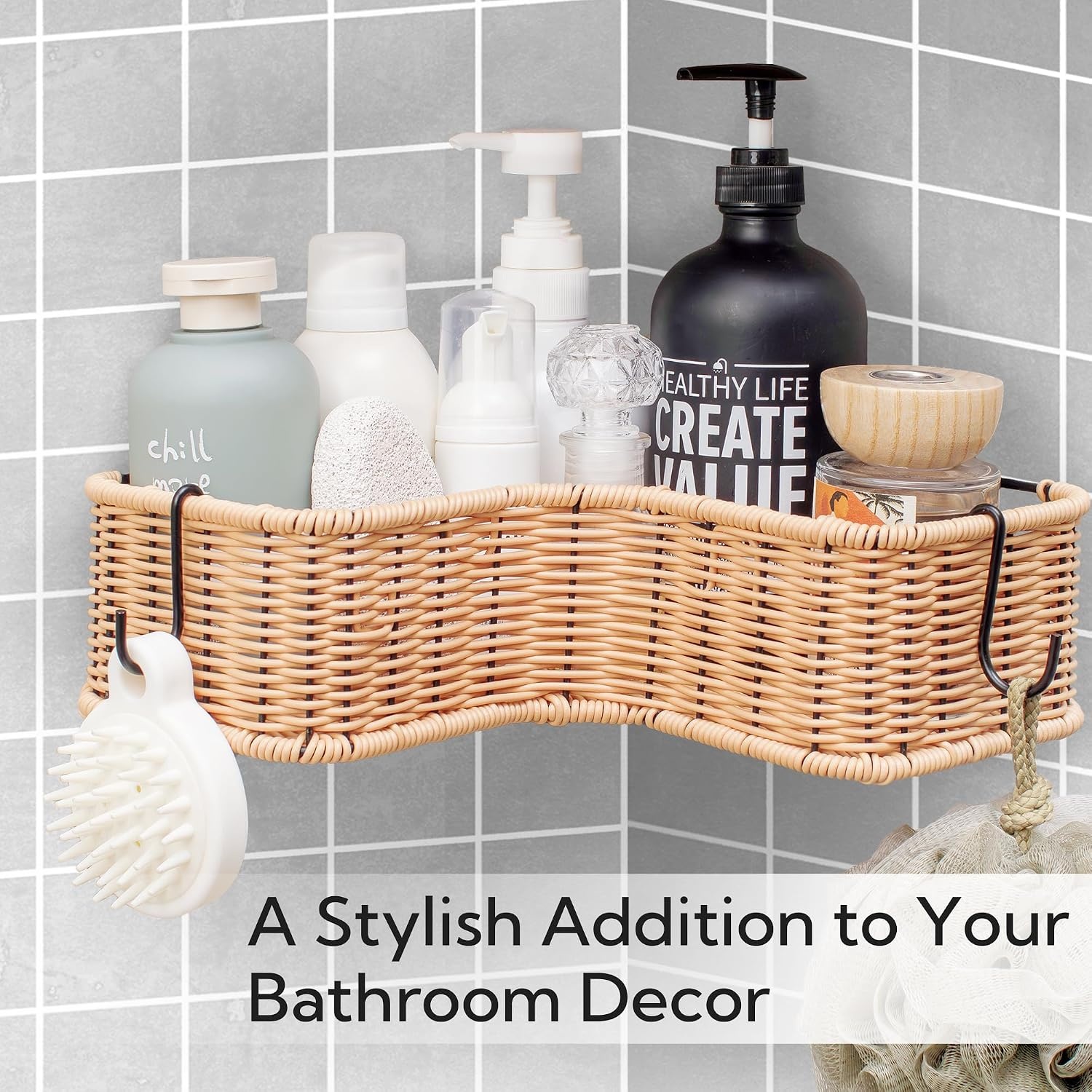 image:imageGRANNY SAYS 2 Pack Wicker Corner Shower Caddy Hanging Shower Shelf for Inside Showers Adhesive Shelves for Bathroom Organizers and Storage Bathroom Shelves Wall Mounted for Home Decor NaturalNatural
