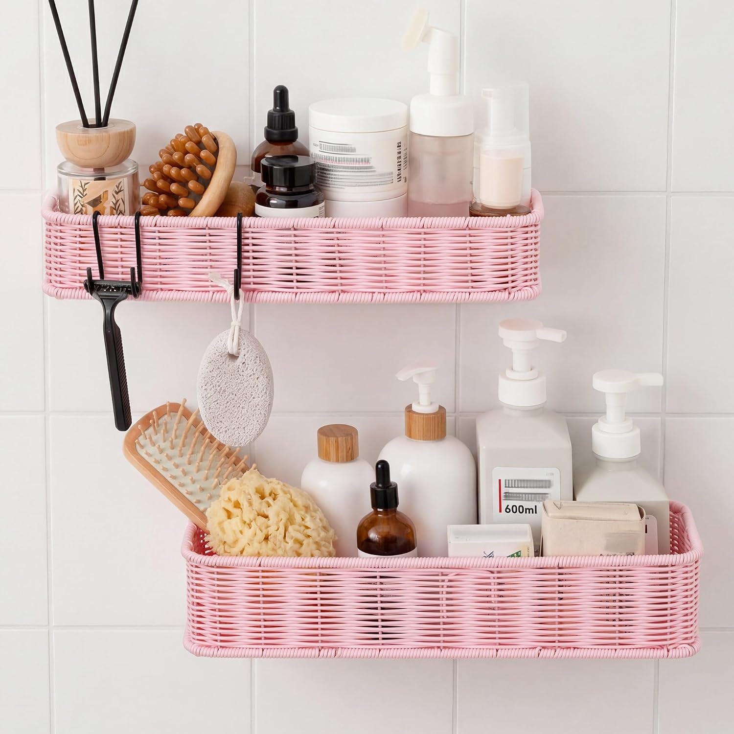 image:imageGRANNY SAYS 2 Pack Wicker Corner Shower Caddy Hanging Shower Shelf for Inside Showers Adhesive Shelves for Bathroom Organizers and Storage Bathroom Shelves Wall Mounted for Home Decor NaturalPink