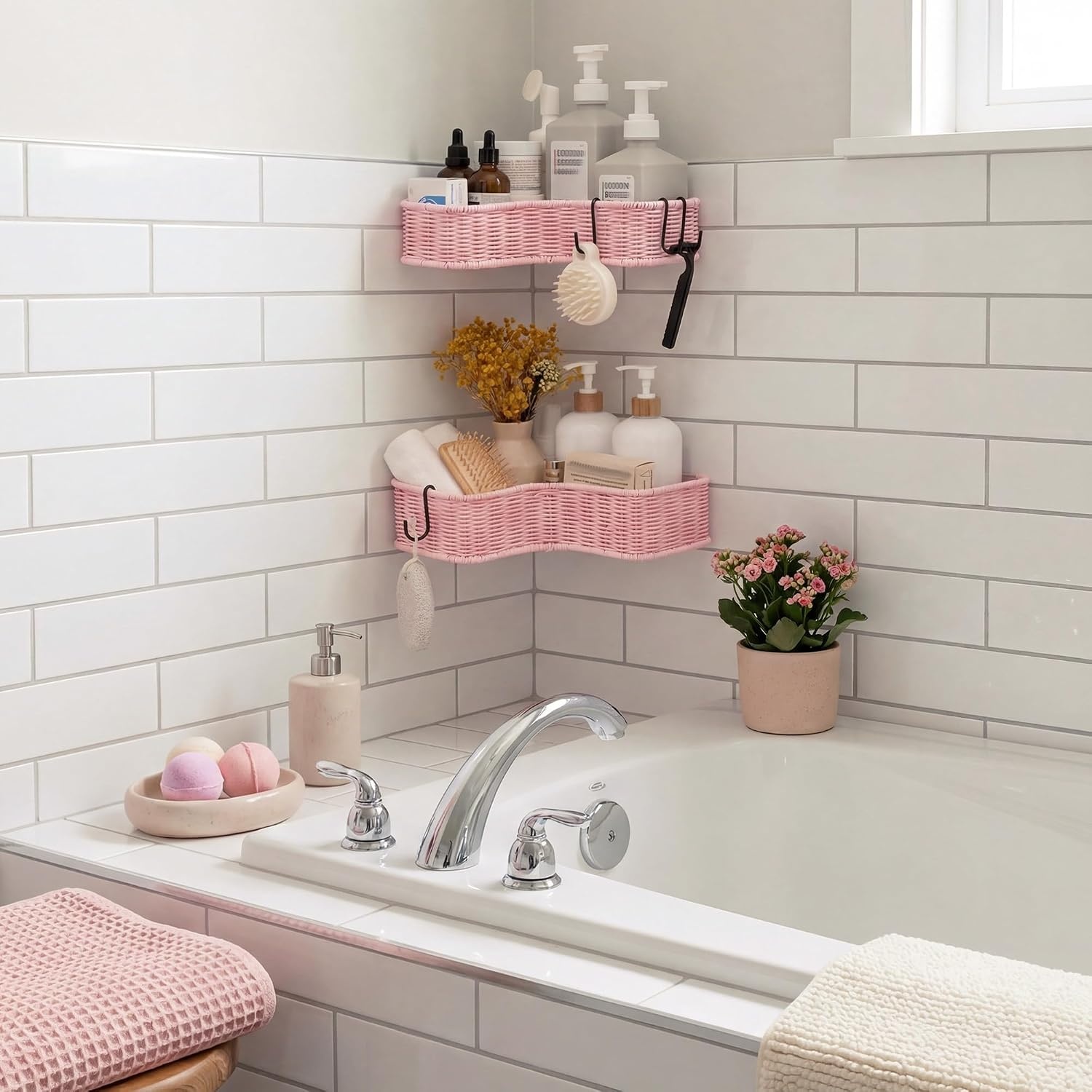 image:imageGRANNY SAYS 2 Pack Wicker Corner Shower Caddy Hanging Shower Shelf for Inside Showers Adhesive Shelves for Bathroom Organizers and Storage Bathroom Shelves Wall Mounted for Home Decor NaturalPink
