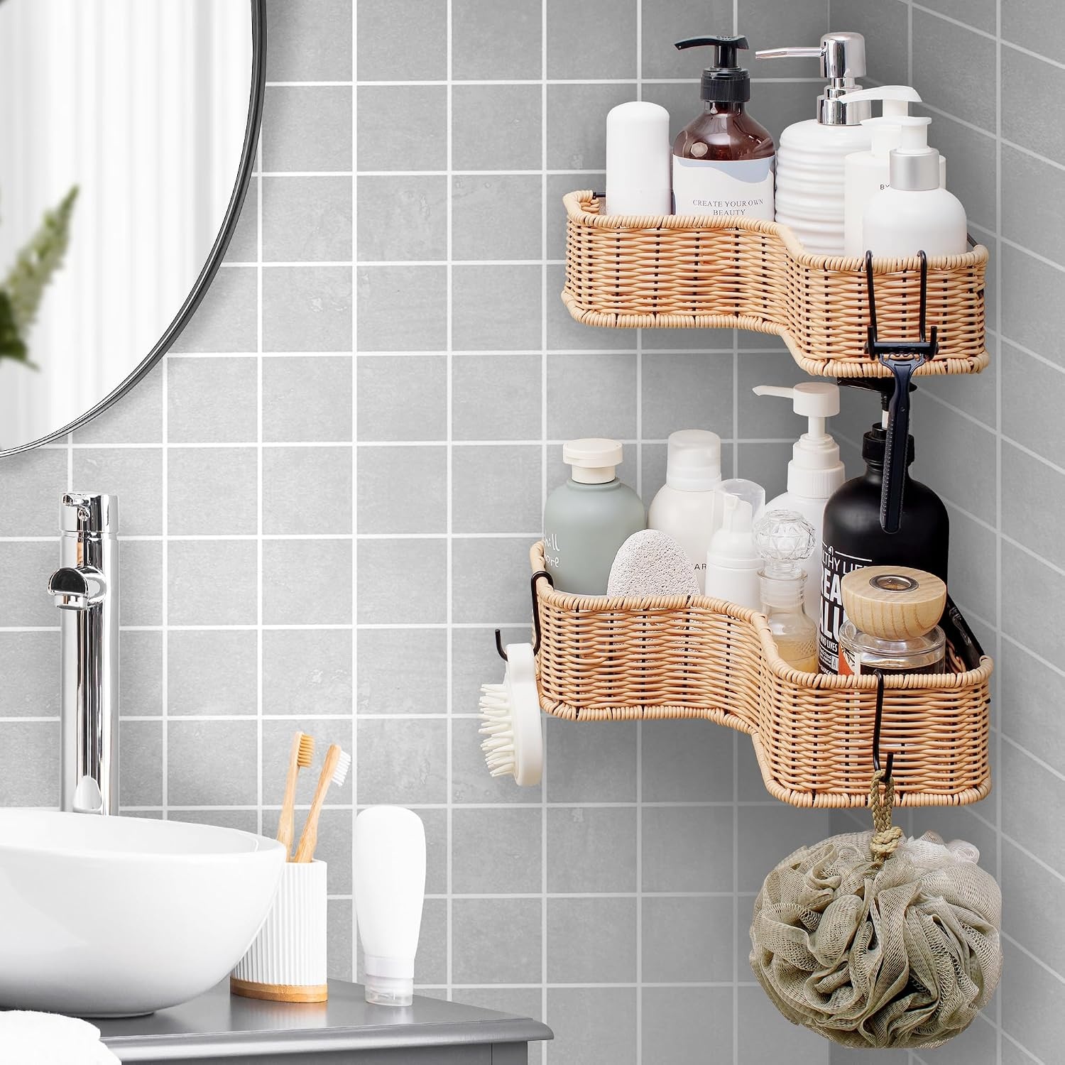 image:imageGRANNY SAYS 2 Pack Wicker Corner Shower Caddy Hanging Shower Shelf for Inside Showers Adhesive Shelves for Bathroom Organizers and Storage Bathroom Shelves Wall Mounted for Home Decor NaturalNatural