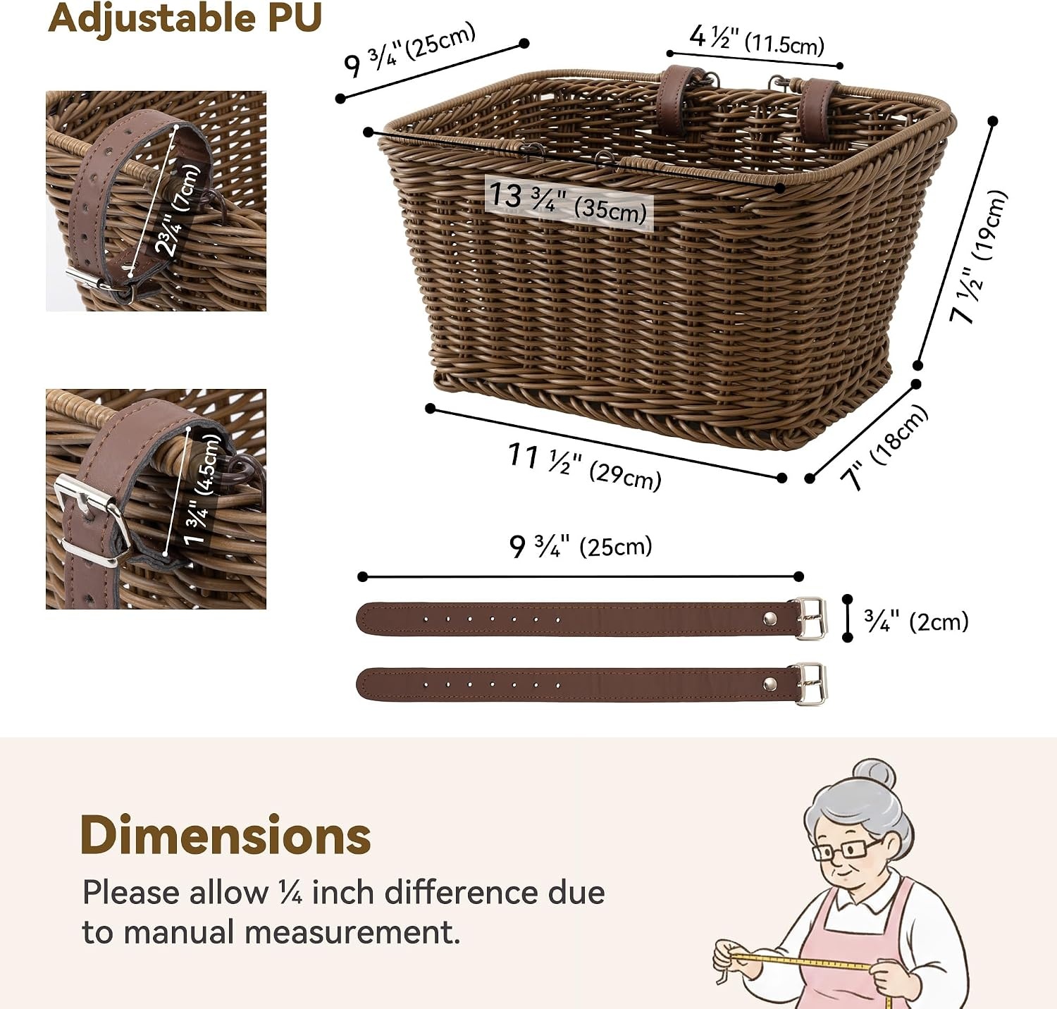 image:imageGRANNY SAYS Bike Basket Wicker Basket for Bike HandWoven Bicycle Basket Detachable Wicker Front Handlebar Bike BasketBrown