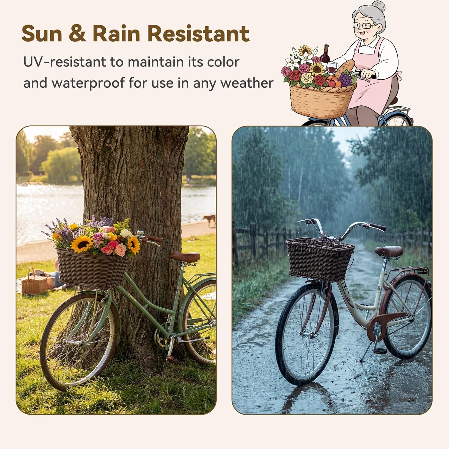 image:imageGRANNY SAYS Bike Basket Wicker Basket for Bike HandWoven Bicycle Basket Detachable Wicker Front Handlebar Bike BasketBrown