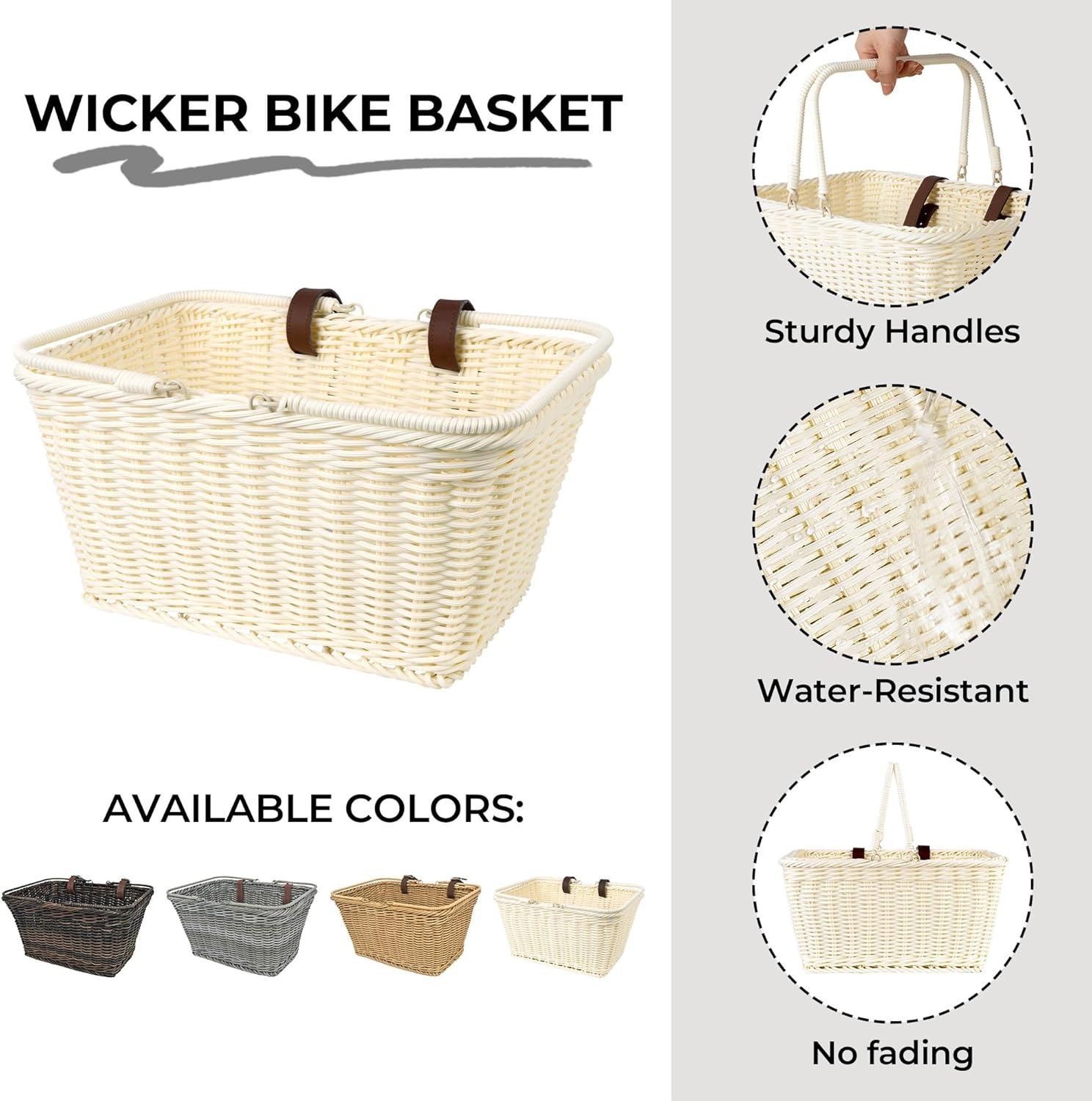 image:imageGRANNY SAYS Bike Basket Wicker Basket for Bike HandWoven Bicycle Basket Detachable Wicker Front Handlebar Bike BasketCreamy White