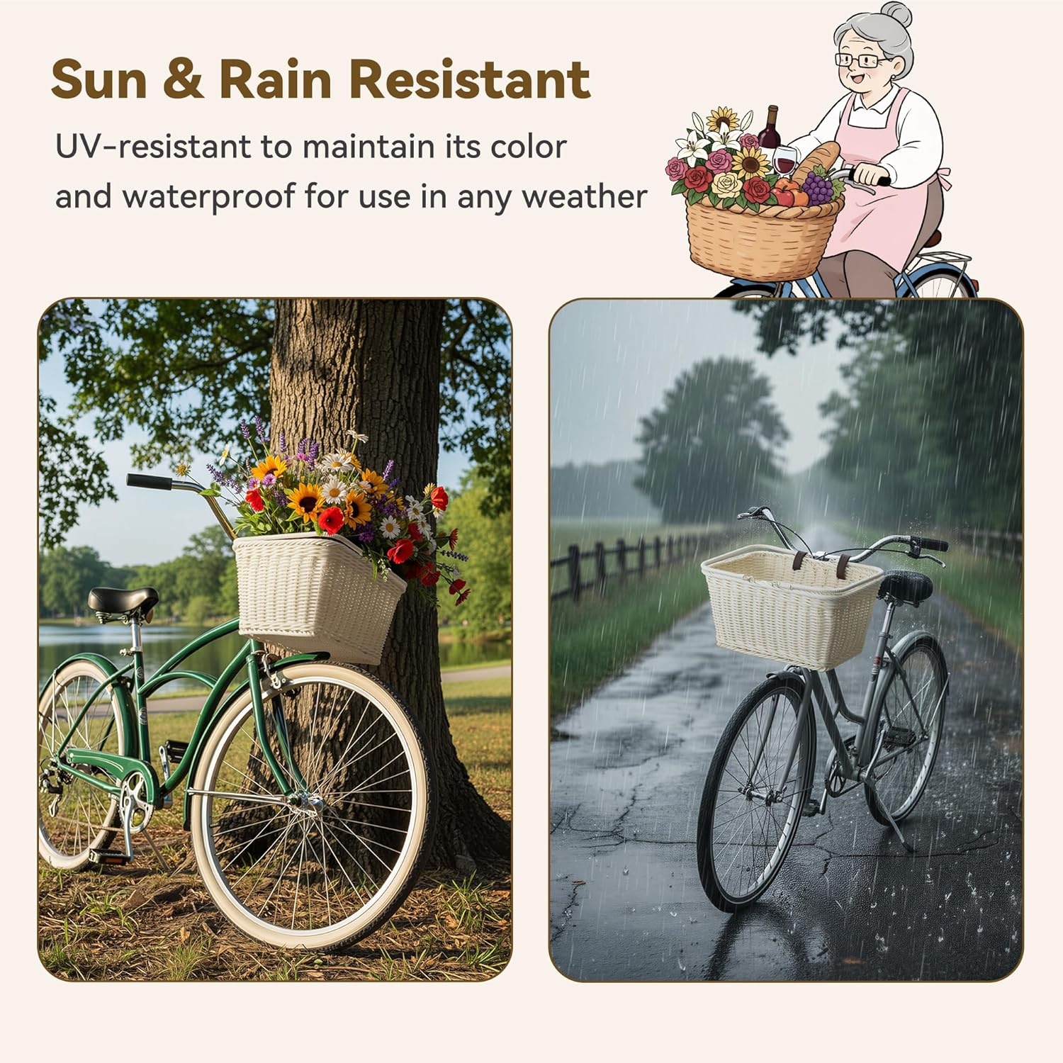 image:imageGRANNY SAYS Bike Basket Wicker Basket for Bike HandWoven Bicycle Basket Detachable Wicker Front Handlebar Bike BasketCreamy White