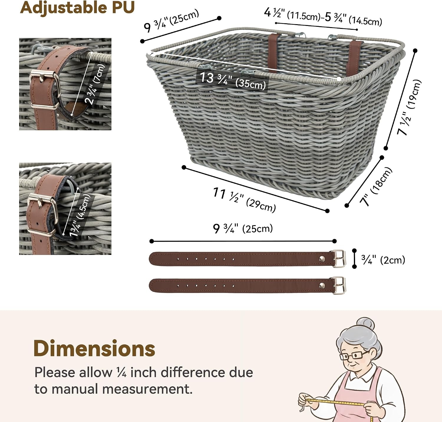 image:imageGRANNY SAYS Bike Basket Wicker Basket for Bike HandWoven Bicycle Basket Detachable Wicker Front Handlebar Bike BasketGray