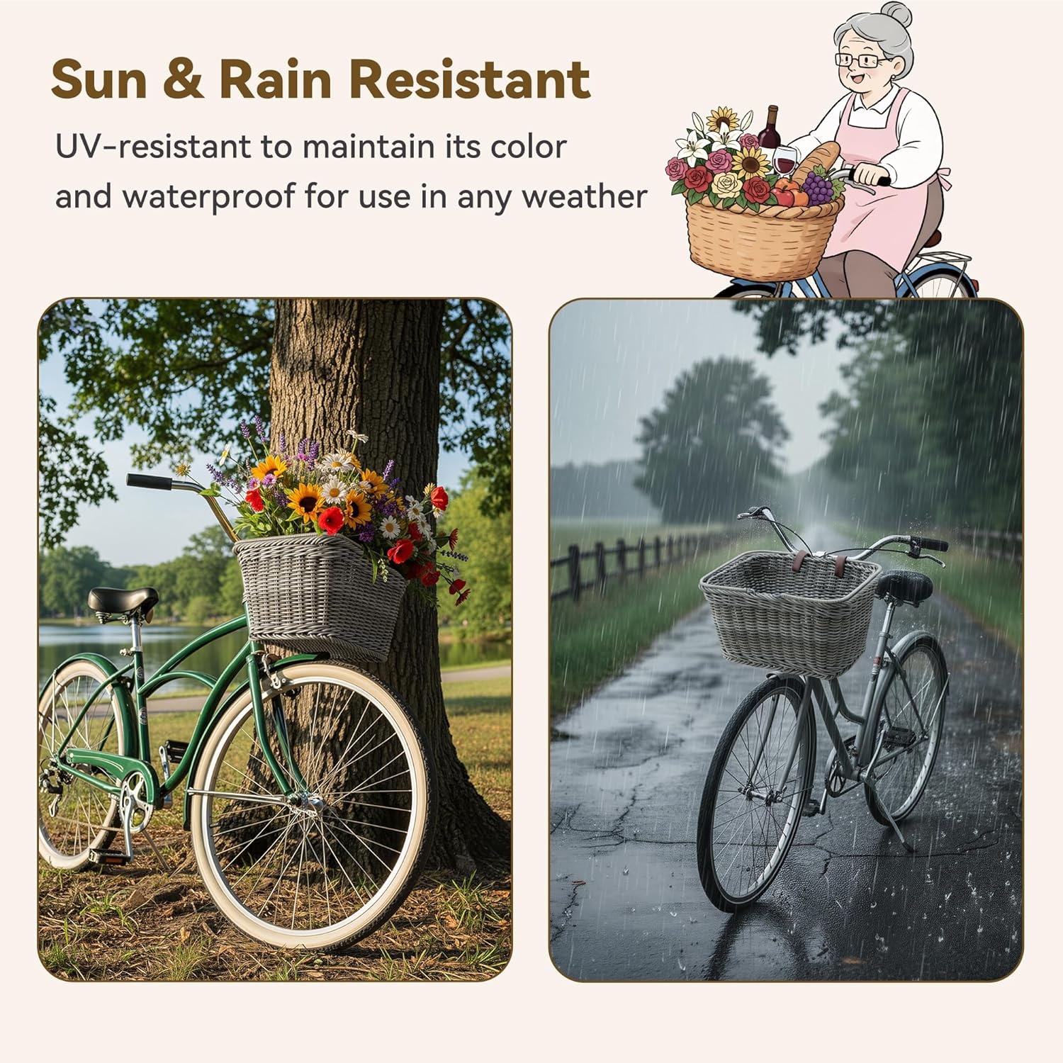 image:imageGRANNY SAYS Bike Basket Wicker Basket for Bike HandWoven Bicycle Basket Detachable Wicker Front Handlebar Bike BasketGray