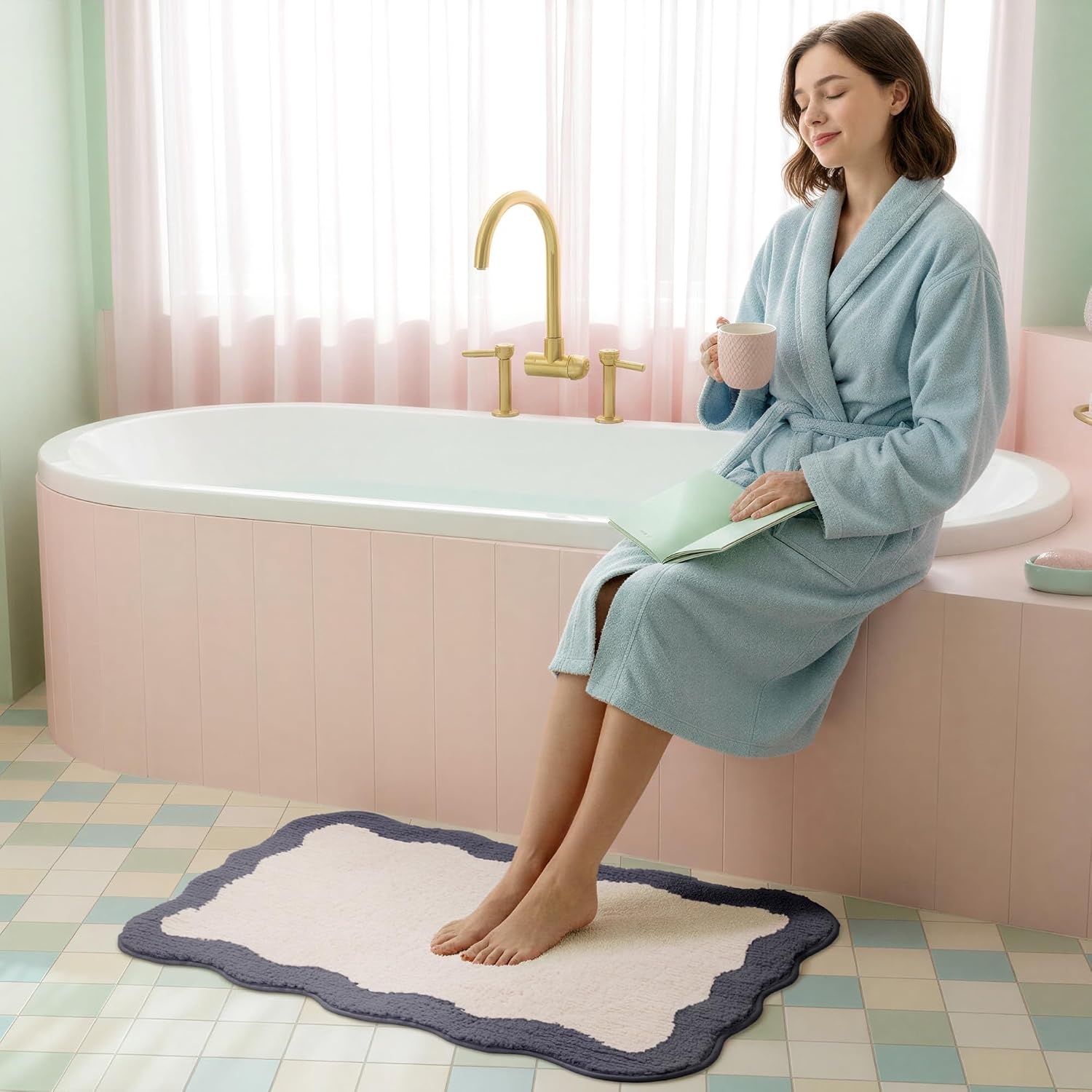 image:imageGRANNY SAYS Checkered Pink Bathroom Rugs Decor 24 x 16 Fluffy Rug Absorbent Microfiber Ultra Soft Bath Mat Washable NonSlip Bath Mats for Bathroom Cute Floor Mat for Tub Shower BedroomDeep Bluewave