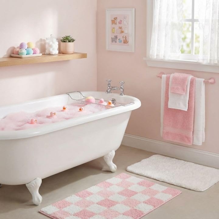 image:imageGRANNY SAYS Checkered Pink Bathroom Rugs Decor 24 x 16 Fluffy Rug Absorbent Microfiber Ultra Soft Bath Mat Washable NonSlip Bath Mats for Bathroom Cute Floor Mat for Tub Shower BedroomPink