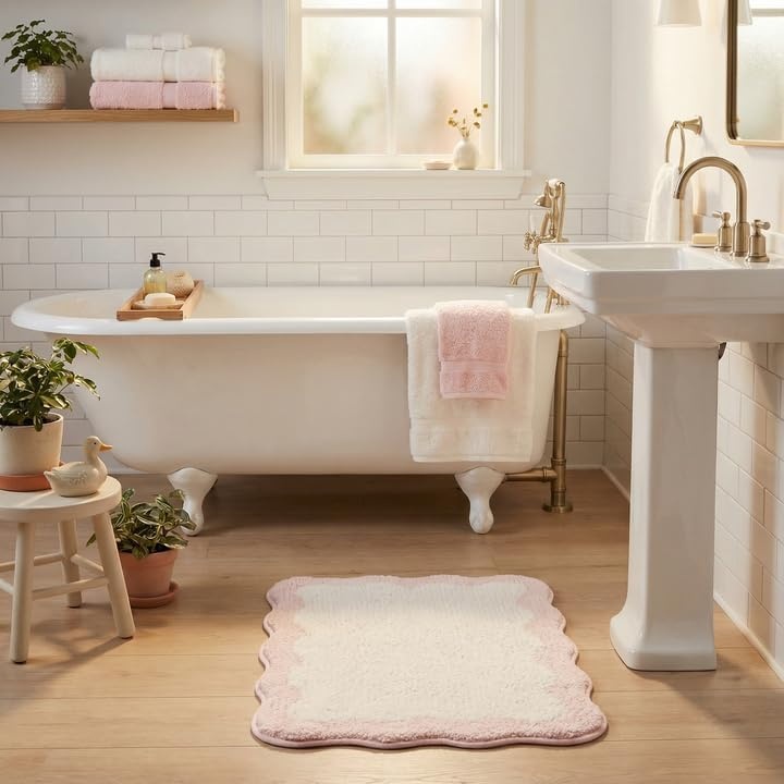 image:imageGRANNY SAYS Checkered Pink Bathroom Rugs Decor 24 x 16 Fluffy Rug Absorbent Microfiber Ultra Soft Bath Mat Washable NonSlip Bath Mats for Bathroom Cute Floor Mat for Tub Shower BedroomPinkwave