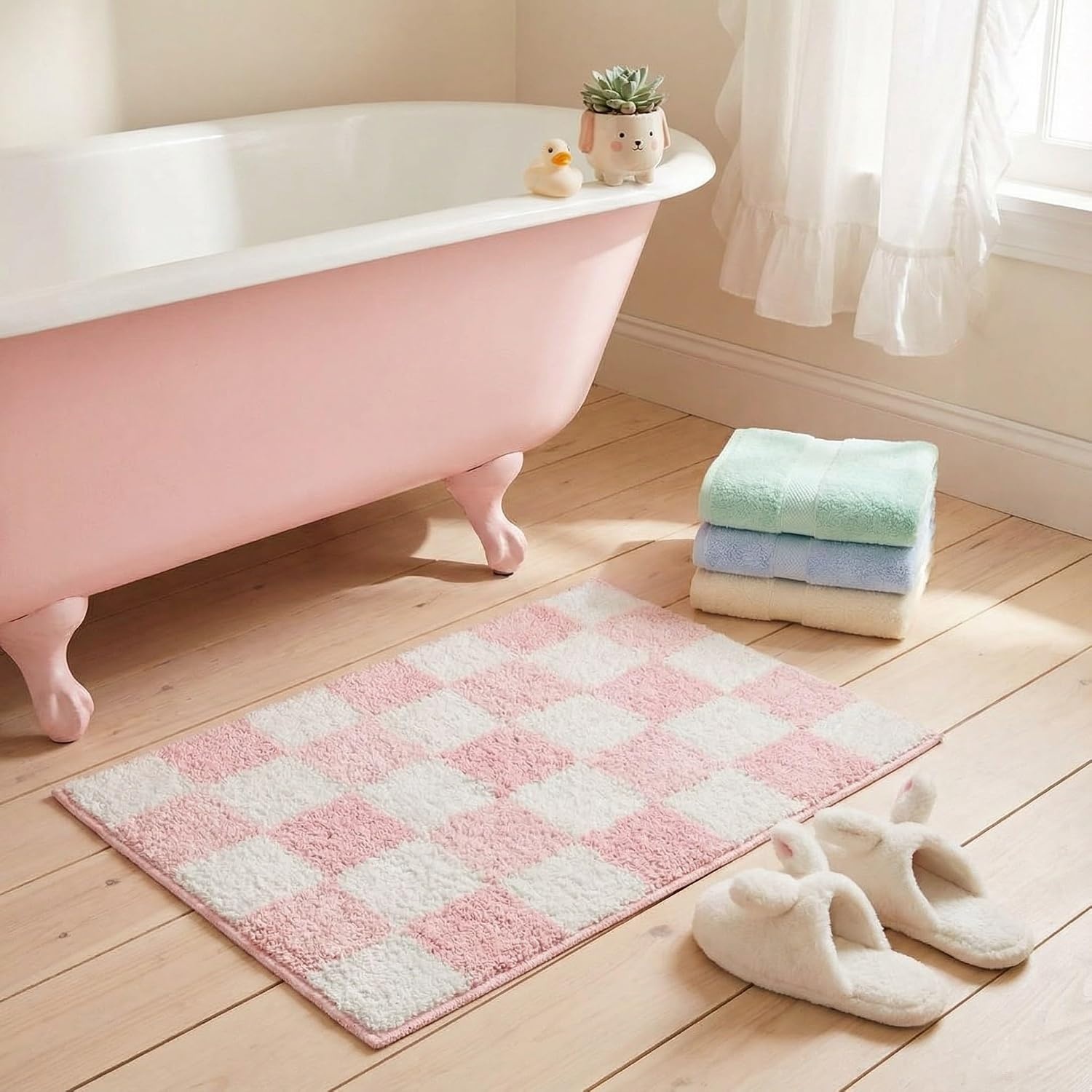 image:imageGRANNY SAYS Checkered Pink Bathroom Rugs Decor 24 x 16 Fluffy Rug Absorbent Microfiber Ultra Soft Bath Mat Washable NonSlip Bath Mats for Bathroom Cute Floor Mat for Tub Shower BedroomPink