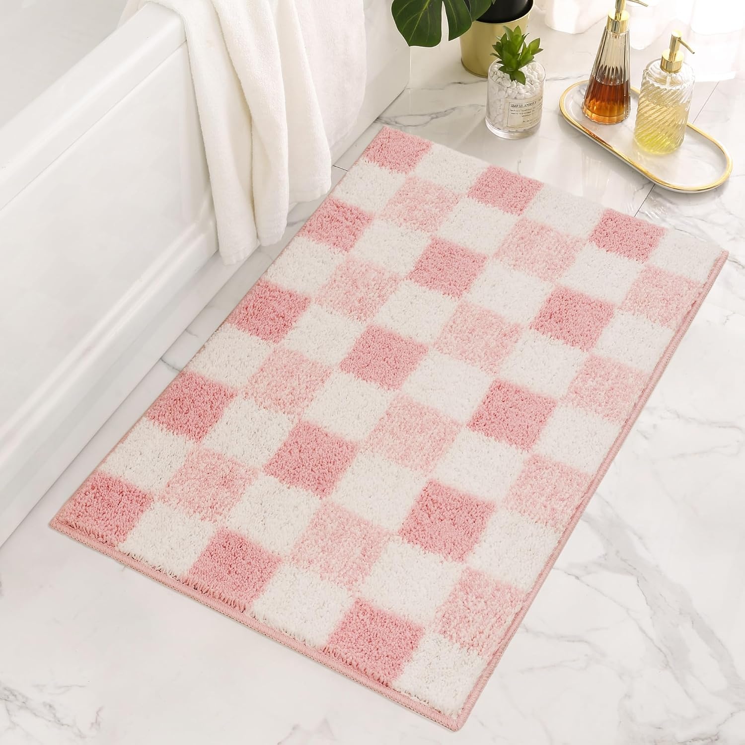 image:imageGRANNY SAYS Checkered Pink Bathroom Rugs Decor 24 x 16 Fluffy Rug Absorbent Microfiber Ultra Soft Bath Mat Washable NonSlip Bath Mats for Bathroom Cute Floor Mat for Tub Shower BedroomPink
