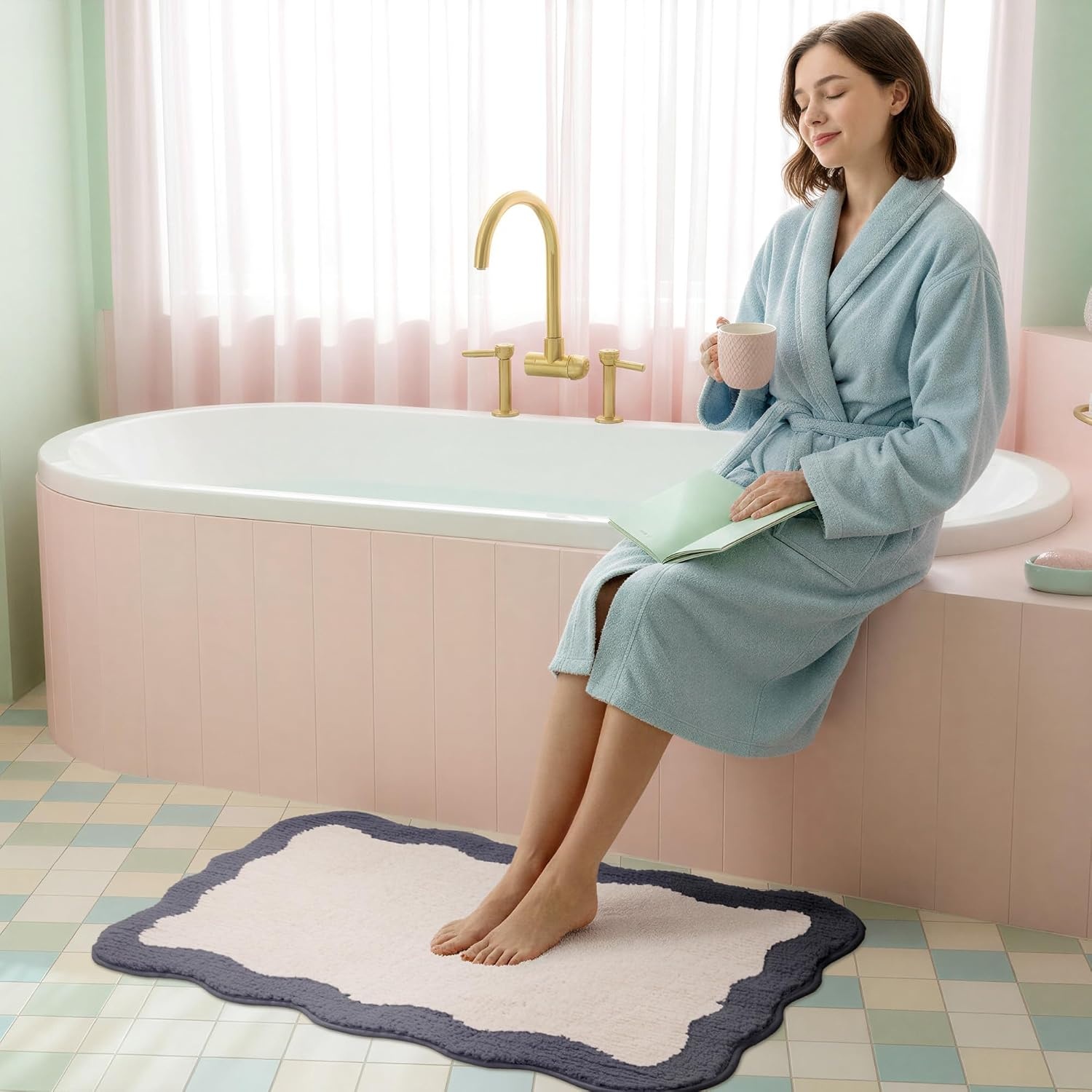 image:imageGRANNY SAYS Checkered Pink Bathroom Rugs Decor 24 x 16 Fluffy Rug Absorbent Microfiber Ultra Soft Bath Mat Washable NonSlip Bath Mats for Bathroom Cute Floor Mat for Tub Shower BedroomDeep Bluewave