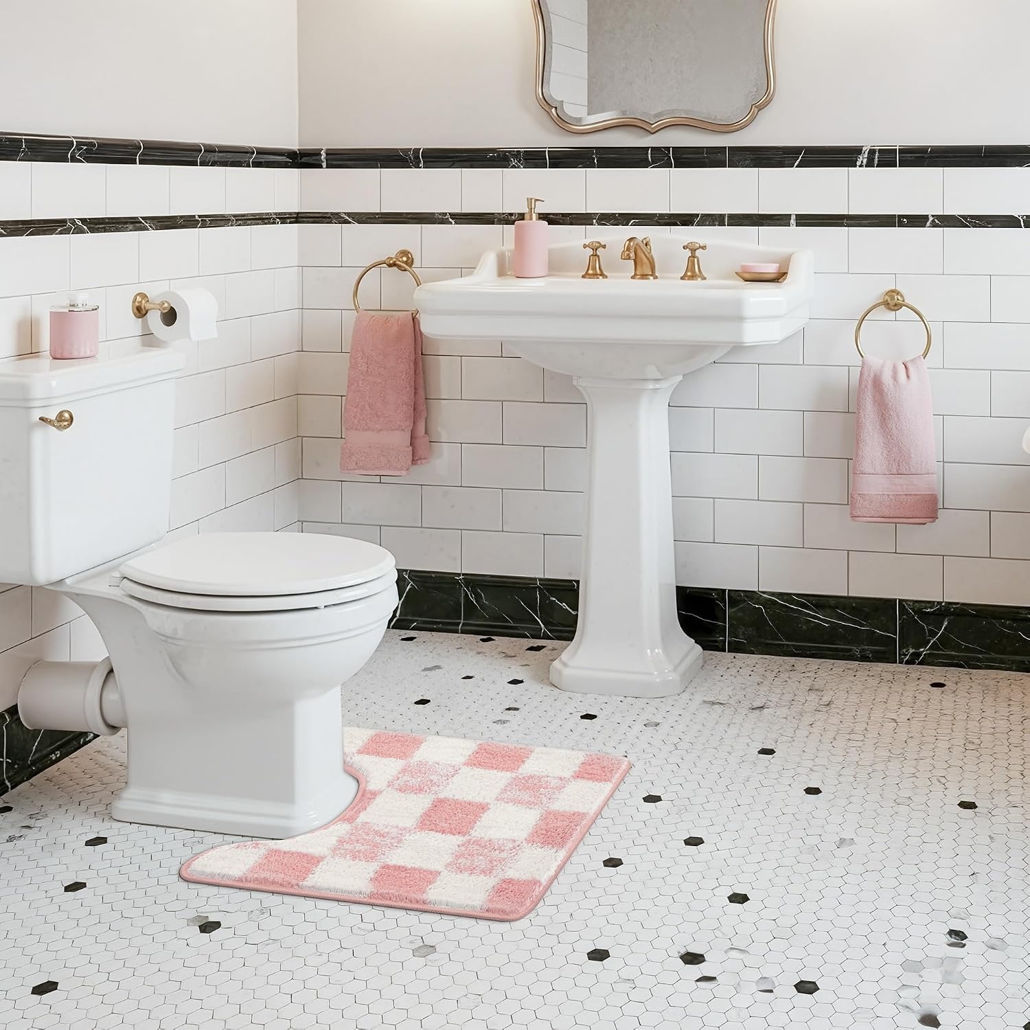 image:imageGRANNY SAYS Checkered Pink Bathroom Rugs Decor 24 x 16 Fluffy Rug Absorbent Microfiber Ultra Soft Bath Mat Washable NonSlip Bath Mats for Bathroom Cute Floor Mat for Tub Shower BedroomPink