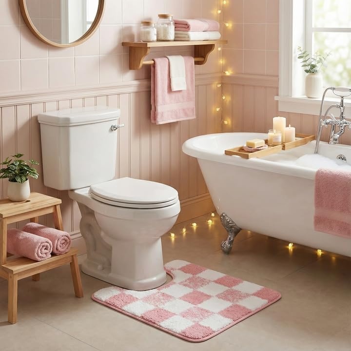 image:imageGRANNY SAYS Checkered Pink Bathroom Rugs Decor 24 x 16 Fluffy Rug Absorbent Microfiber Ultra Soft Bath Mat Washable NonSlip Bath Mats for Bathroom Cute Floor Mat for Tub Shower BedroomPink