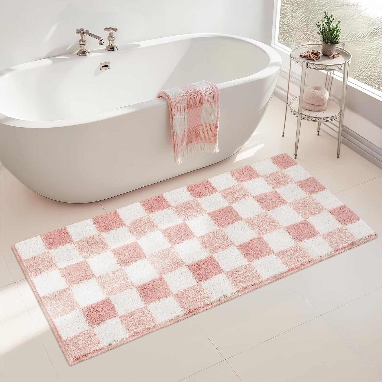 image:imageGRANNY SAYS Checkered Pink Bathroom Rugs Decor 24 x 16 Fluffy Rug Absorbent Microfiber Ultra Soft Bath Mat Washable NonSlip Bath Mats for Bathroom Cute Floor Mat for Tub Shower BedroomPink