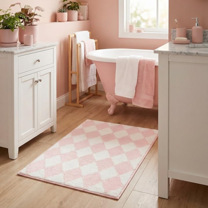 image:imageGRANNY SAYS Checkered Pink Bathroom Rugs Decor 24 x 16 Fluffy Rug Absorbent Microfiber Ultra Soft Bath Mat Washable NonSlip Bath Mats for Bathroom Cute Floor Mat for Tub Shower BedroomPinkrhombus