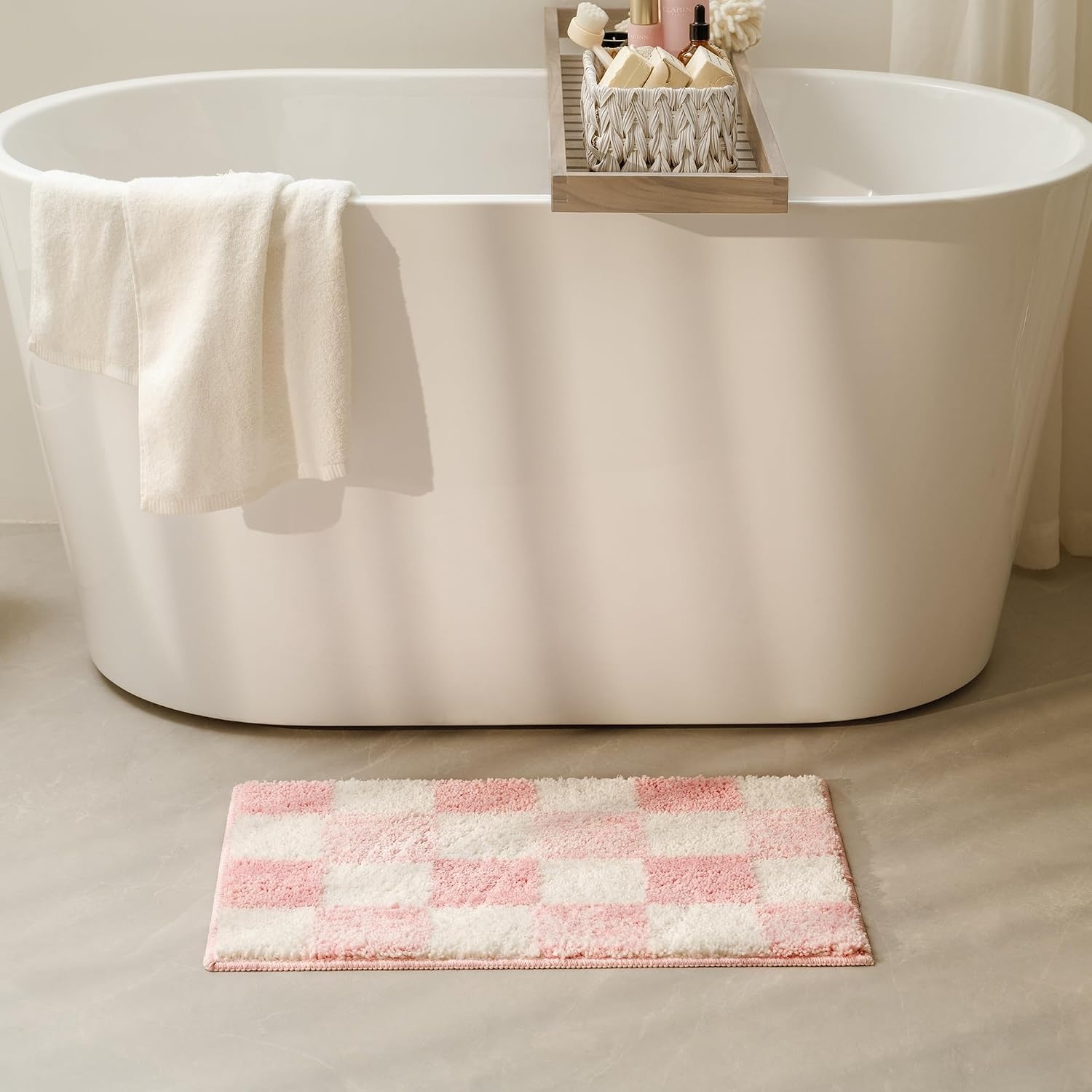 image:imageGRANNY SAYS Checkered Pink Bathroom Rugs Decor 24 x 16 Fluffy Rug Absorbent Microfiber Ultra Soft Bath Mat Washable NonSlip Bath Mats for Bathroom Cute Floor Mat for Tub Shower BedroomPink