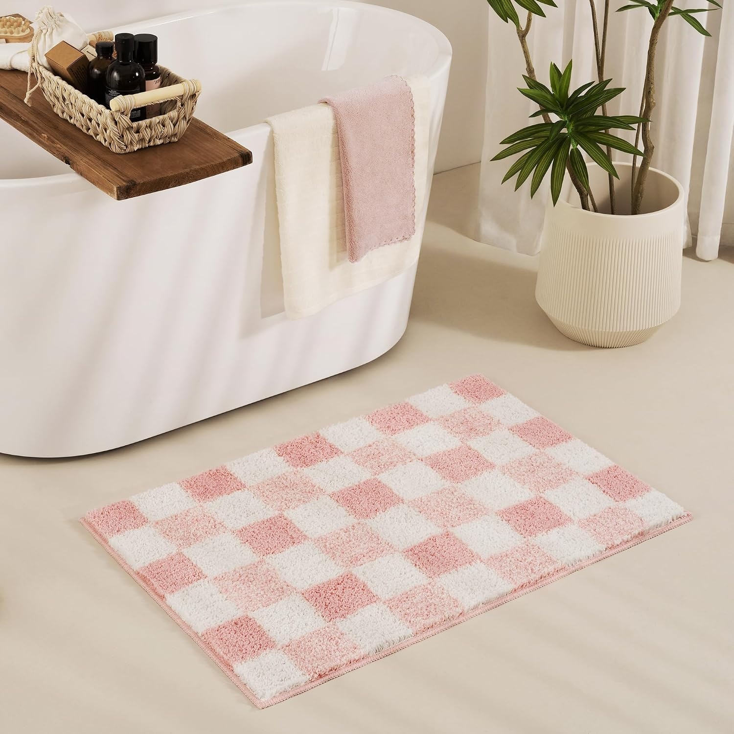 image:imageGRANNY SAYS Checkered Pink Bathroom Rugs Decor 24 x 16 Fluffy Rug Absorbent Microfiber Ultra Soft Bath Mat Washable NonSlip Bath Mats for Bathroom Cute Floor Mat for Tub Shower BedroomPink