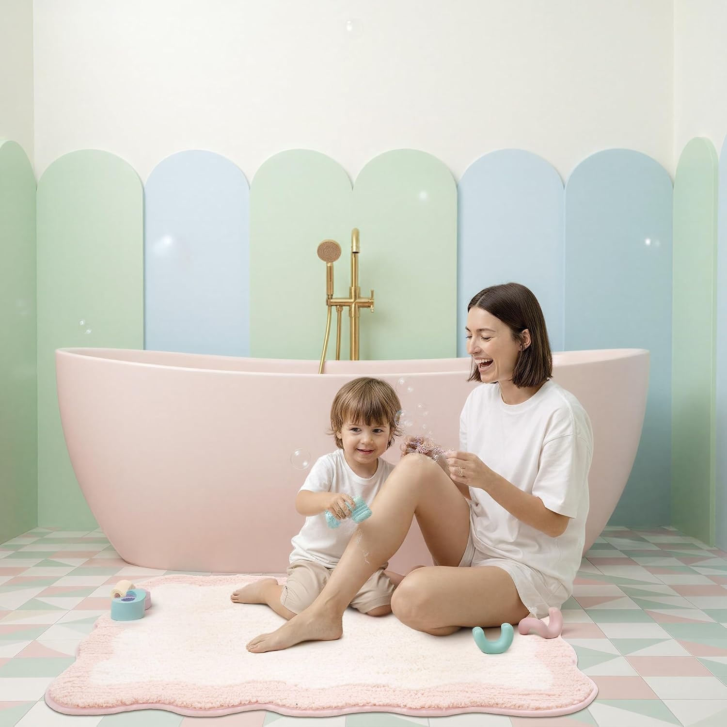 image:imageGRANNY SAYS Checkered Pink Bathroom Rugs Decor 24 x 16 Fluffy Rug Absorbent Microfiber Ultra Soft Bath Mat Washable NonSlip Bath Mats for Bathroom Cute Floor Mat for Tub Shower BedroomPinkwave