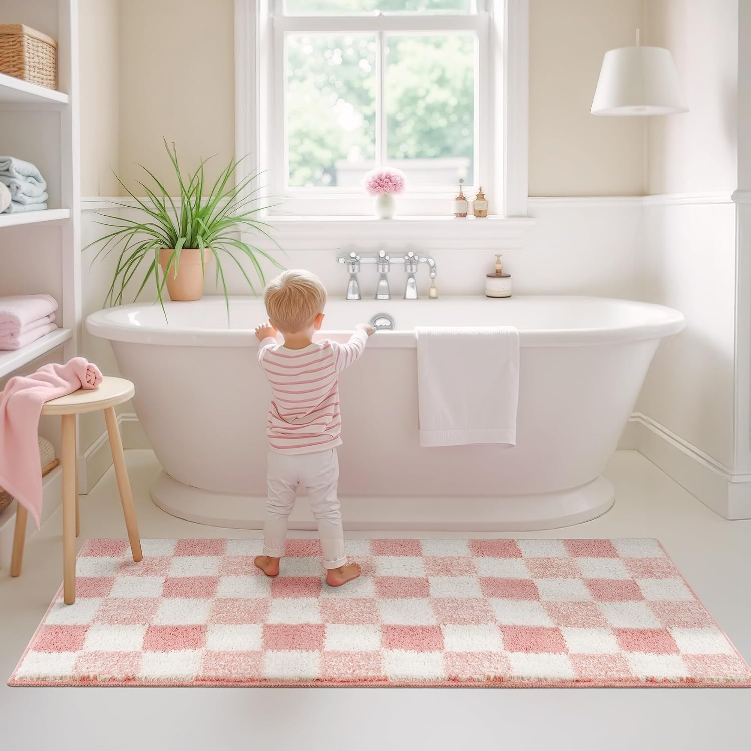 image:imageGRANNY SAYS Checkered Pink Bathroom Rugs Decor 24 x 16 Fluffy Rug Absorbent Microfiber Ultra Soft Bath Mat Washable NonSlip Bath Mats for Bathroom Cute Floor Mat for Tub Shower BedroomPink