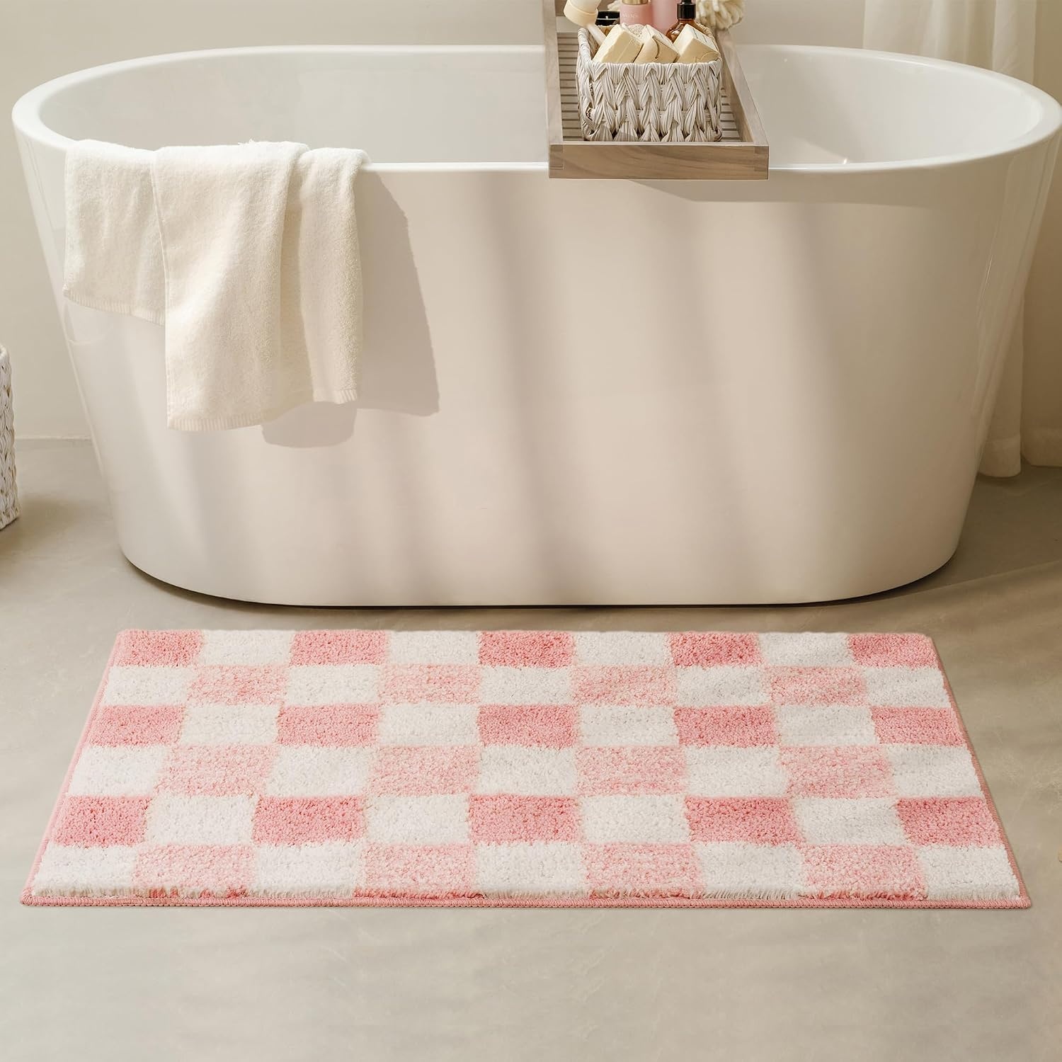 image:imageGRANNY SAYS Checkered Pink Bathroom Rugs Decor 24 x 16 Fluffy Rug Absorbent Microfiber Ultra Soft Bath Mat Washable NonSlip Bath Mats for Bathroom Cute Floor Mat for Tub Shower BedroomPink