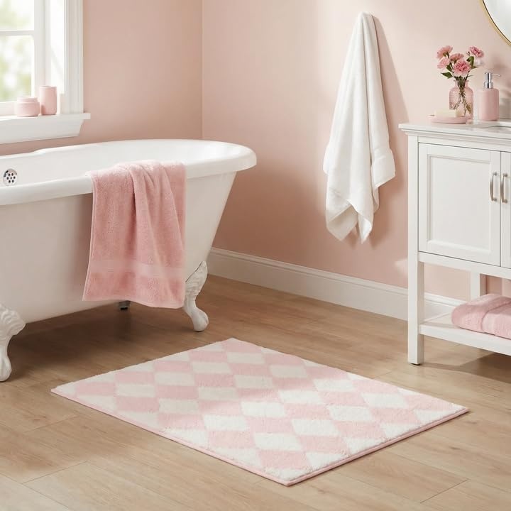 image:imageGRANNY SAYS Checkered Pink Bathroom Rugs Decor 24 x 16 Fluffy Rug Absorbent Microfiber Ultra Soft Bath Mat Washable NonSlip Bath Mats for Bathroom Cute Floor Mat for Tub Shower BedroomPinkrhombus