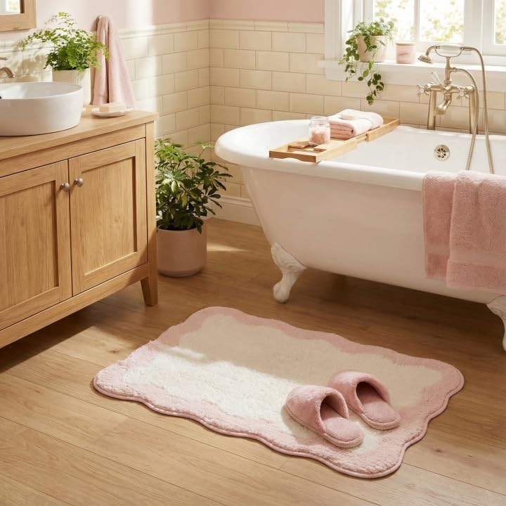 image:imageGRANNY SAYS Checkered Pink Bathroom Rugs Decor 24 x 16 Fluffy Rug Absorbent Microfiber Ultra Soft Bath Mat Washable NonSlip Bath Mats for Bathroom Cute Floor Mat for Tub Shower BedroomPinkwave