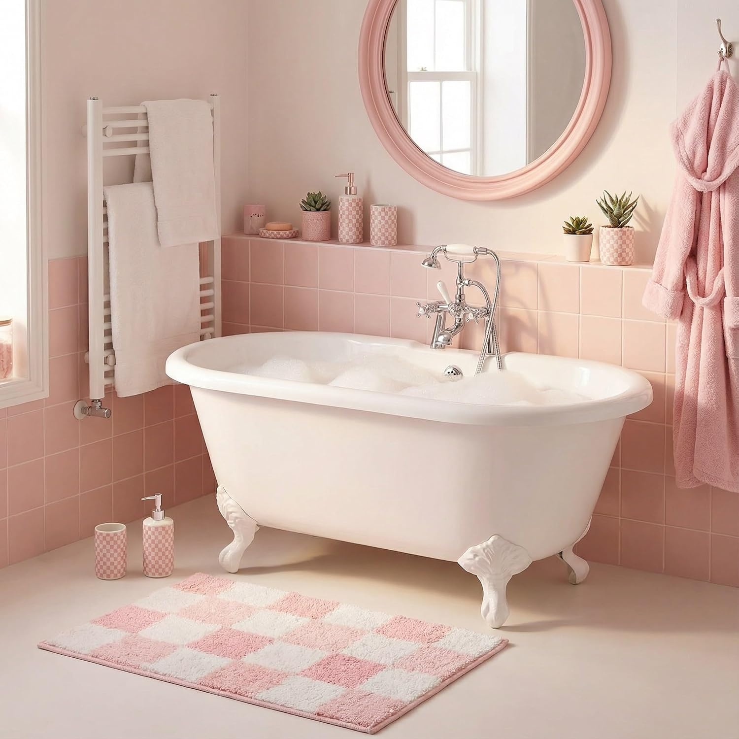 image:imageGRANNY SAYS Checkered Pink Bathroom Rugs Decor 24 x 16 Fluffy Rug Absorbent Microfiber Ultra Soft Bath Mat Washable NonSlip Bath Mats for Bathroom Cute Floor Mat for Tub Shower BedroomPink