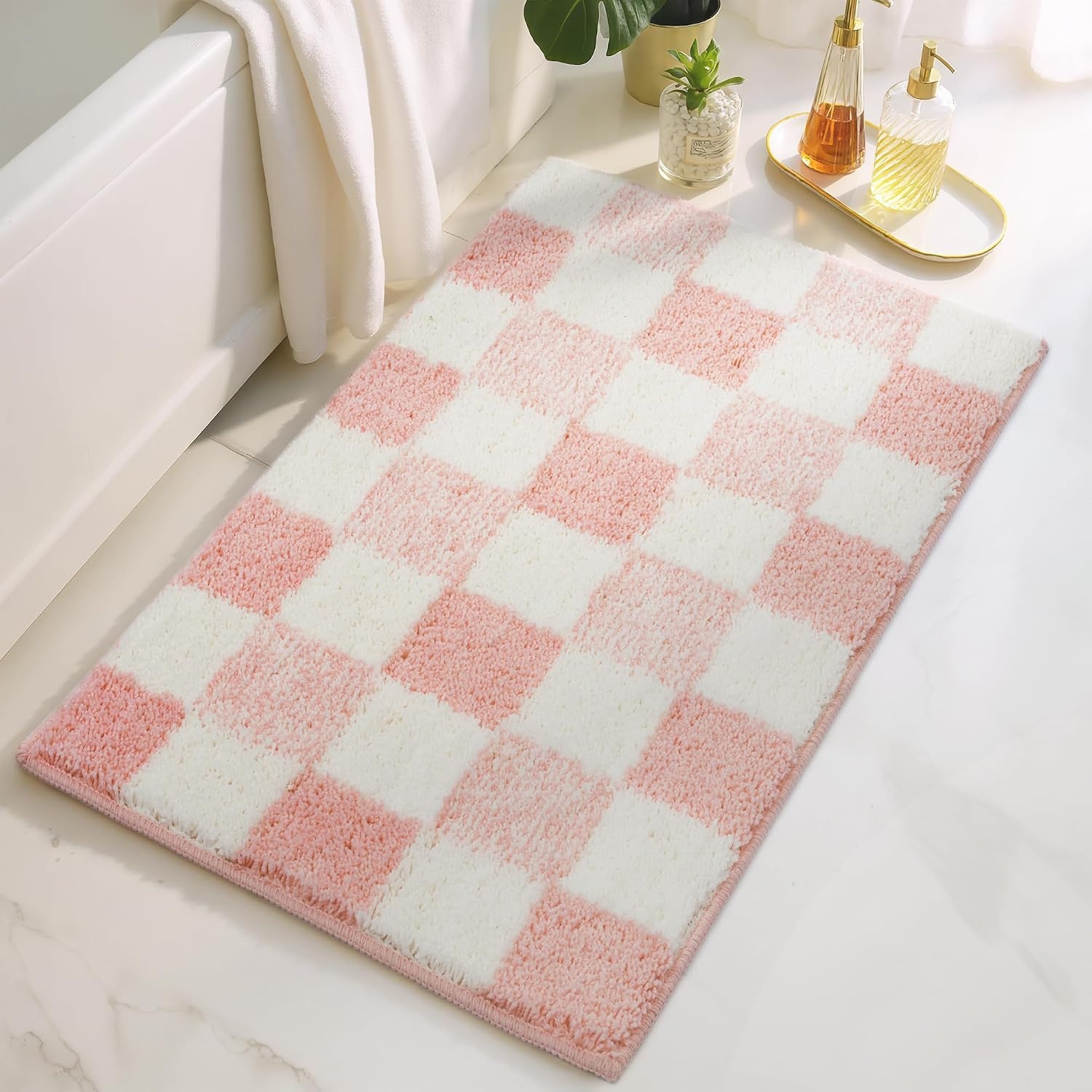 image:imageGRANNY SAYS Checkered Pink Bathroom Rugs Decor 24 x 16 Fluffy Rug Absorbent Microfiber Ultra Soft Bath Mat Washable NonSlip Bath Mats for Bathroom Cute Floor Mat for Tub Shower BedroomPink