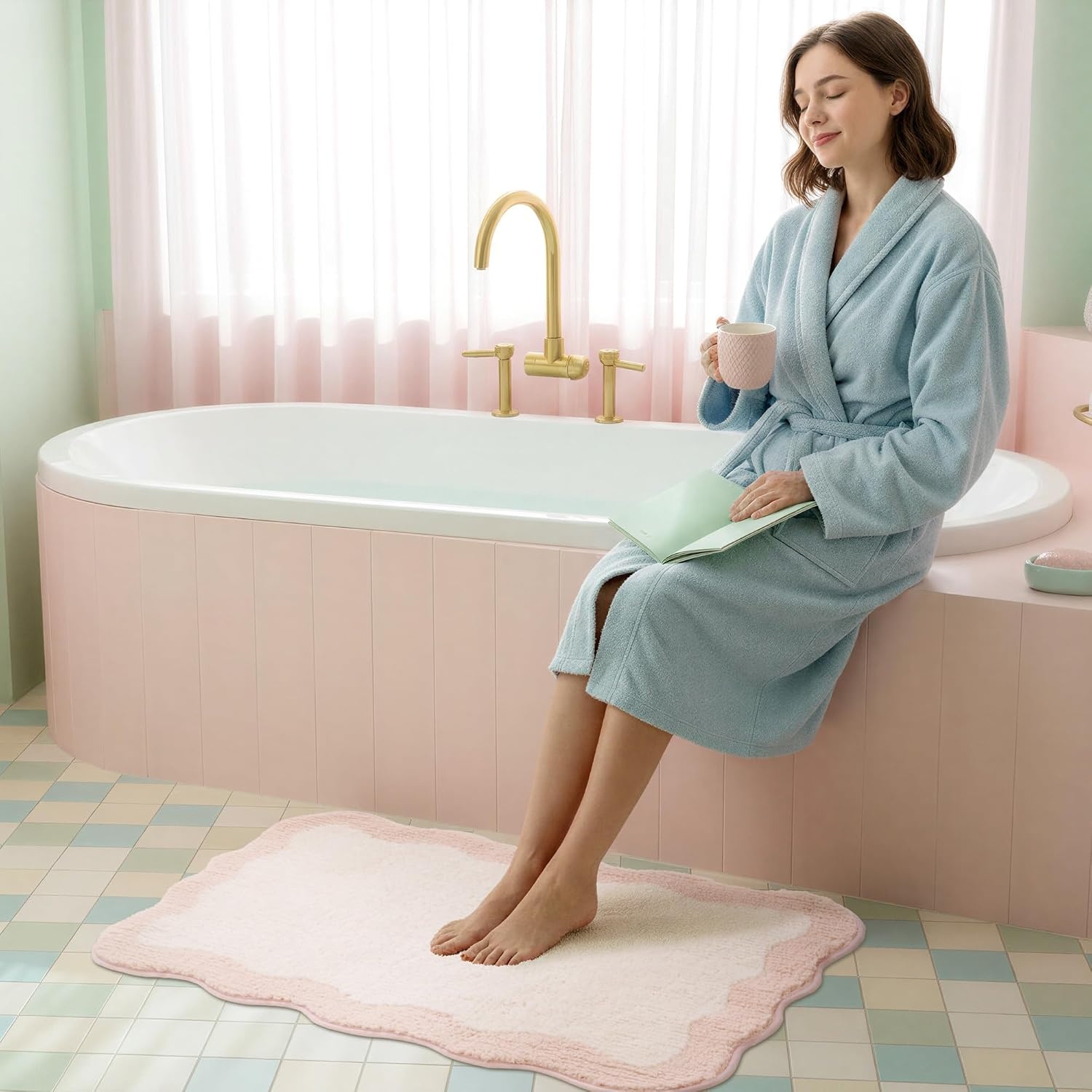 image:imageGRANNY SAYS Checkered Pink Bathroom Rugs Decor 24 x 16 Fluffy Rug Absorbent Microfiber Ultra Soft Bath Mat Washable NonSlip Bath Mats for Bathroom Cute Floor Mat for Tub Shower BedroomPinkwave