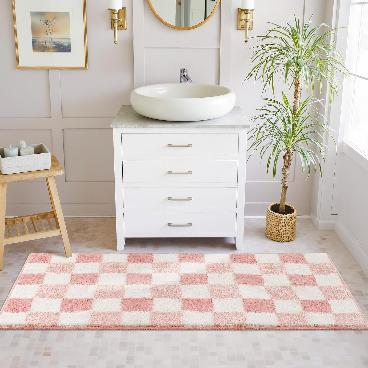 image:imageGRANNY SAYS Checkered Pink Bathroom Rugs Decor 24 x 16 Fluffy Rug Absorbent Microfiber Ultra Soft Bath Mat Washable NonSlip Bath Mats for Bathroom Cute Floor Mat for Tub Shower BedroomPink
