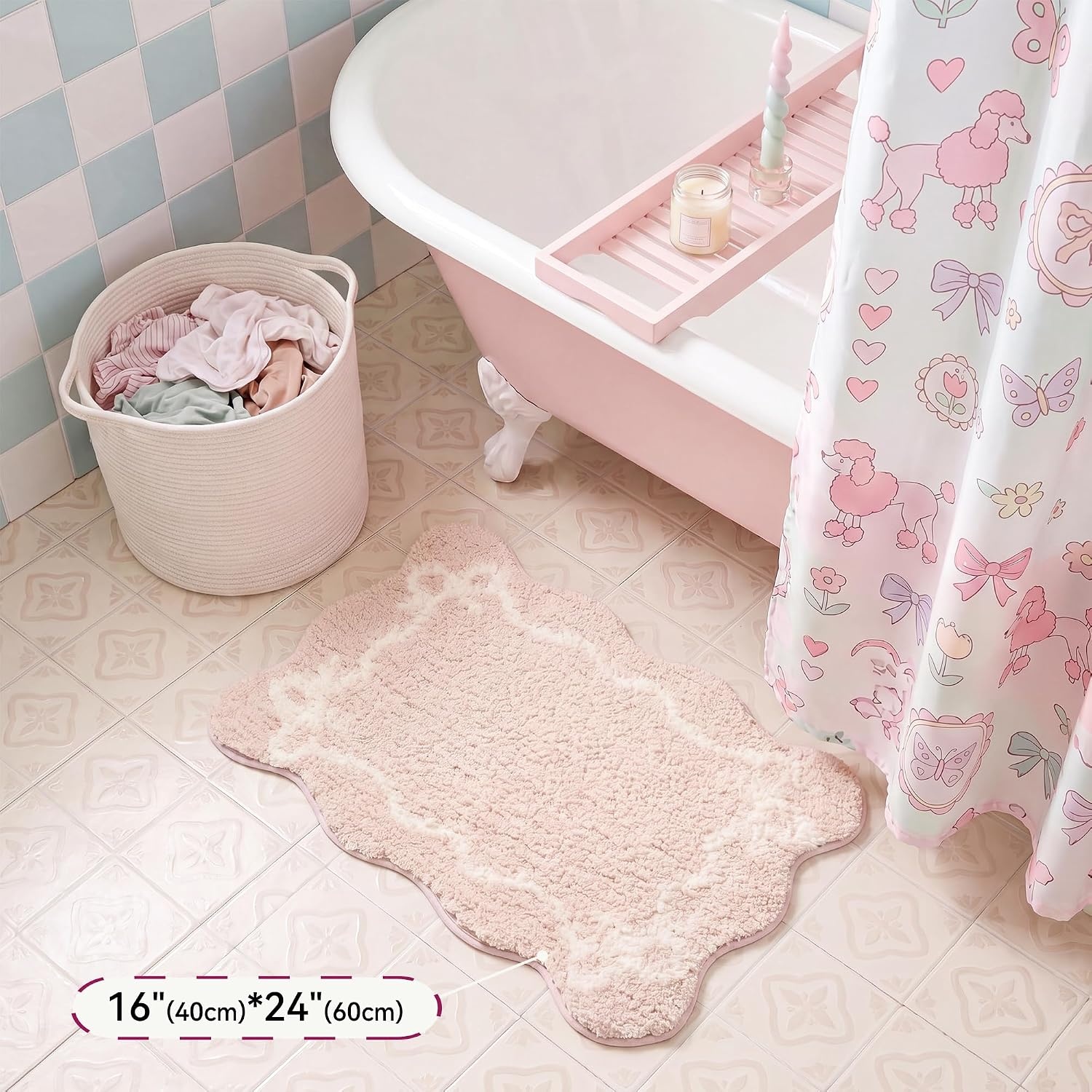 image:imageGRANNY SAYS Checkered Pink Bathroom Rugs Decor 24 x 16 Fluffy Rug Absorbent Microfiber Ultra Soft Bath Mat Washable NonSlip Bath Mats for Bathroom Cute Floor Mat for Tub Shower BedroomBow