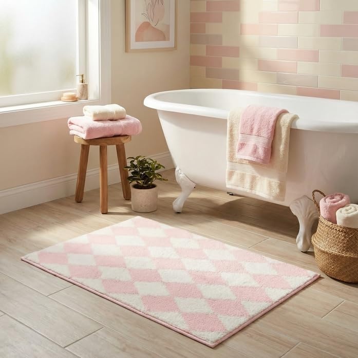 image:imageGRANNY SAYS Checkered Pink Bathroom Rugs Decor 24 x 16 Fluffy Rug Absorbent Microfiber Ultra Soft Bath Mat Washable NonSlip Bath Mats for Bathroom Cute Floor Mat for Tub Shower BedroomPinkrhombus