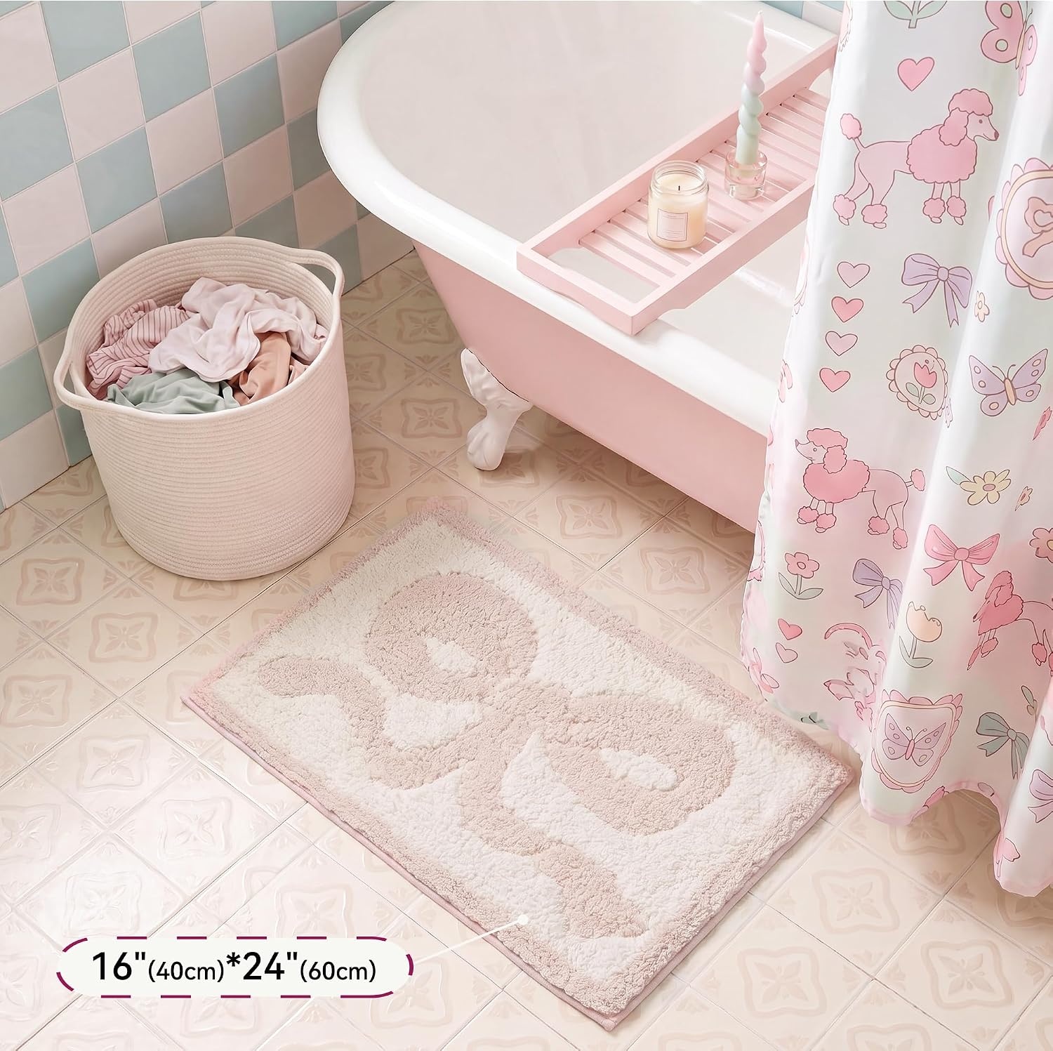 image:imageGRANNY SAYS Checkered Pink Bathroom Rugs Decor 24 x 16 Fluffy Rug Absorbent Microfiber Ultra Soft Bath Mat Washable NonSlip Bath Mats for Bathroom Cute Floor Mat for Tub Shower BedroomPink Bow