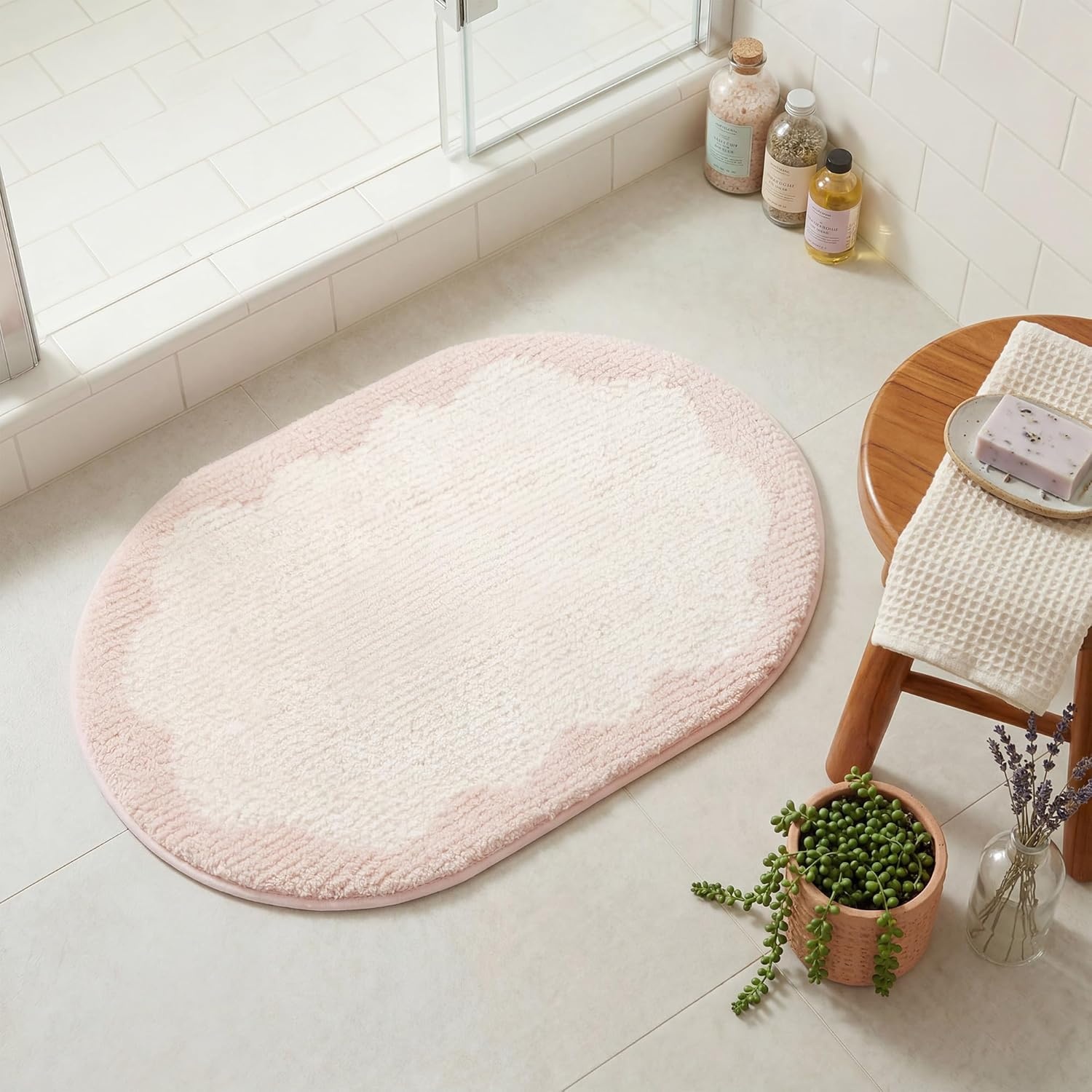 image:imageGRANNY SAYS Checkered Pink Bathroom Rugs Decor 24 x 16 Fluffy Rug Absorbent Microfiber Ultra Soft Bath Mat Washable NonSlip Bath Mats for Bathroom Cute Floor Mat for Tub Shower BedroomPinkoval