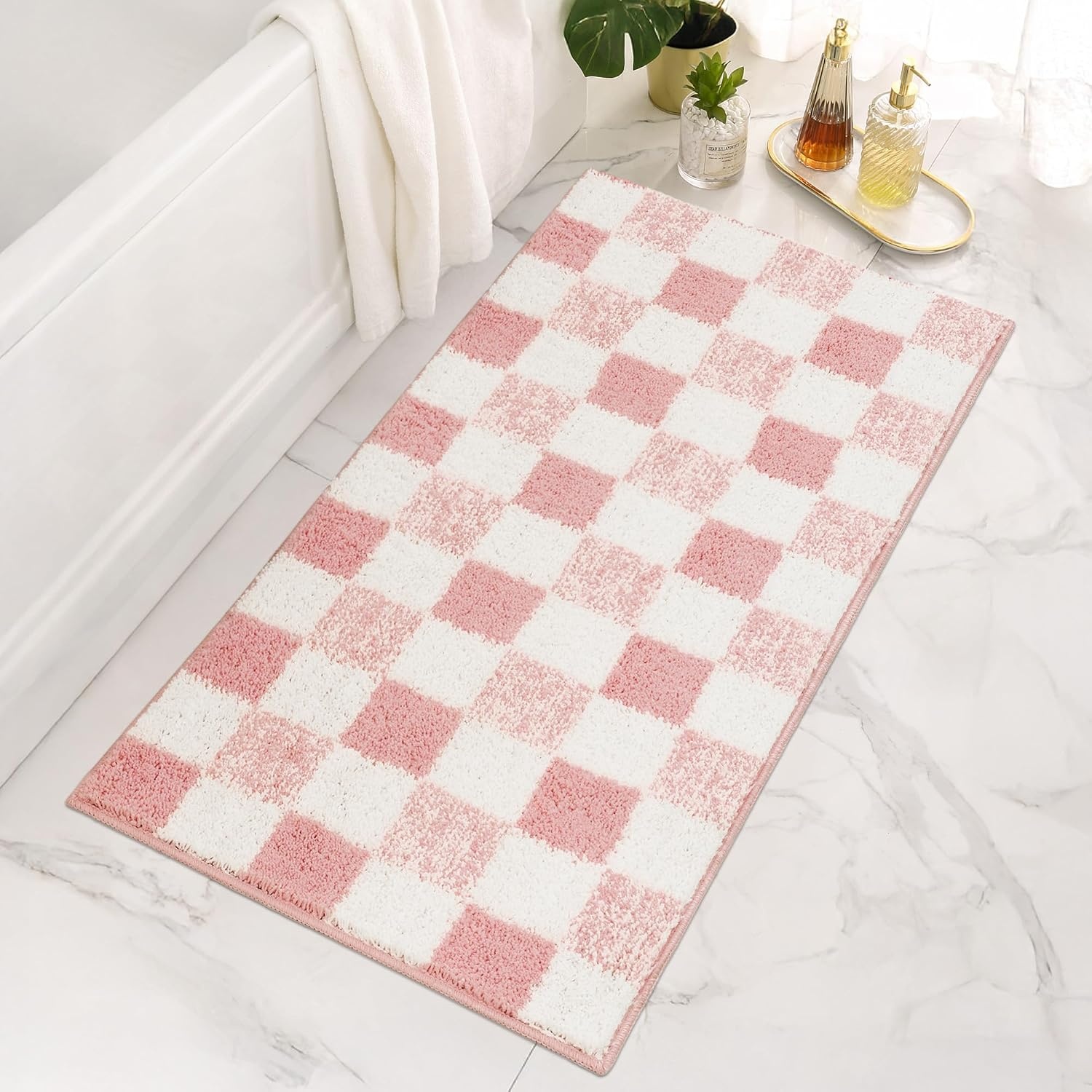 image:imageGRANNY SAYS Checkered Pink Bathroom Rugs Decor 24 x 16 Fluffy Rug Absorbent Microfiber Ultra Soft Bath Mat Washable NonSlip Bath Mats for Bathroom Cute Floor Mat for Tub Shower BedroomPink