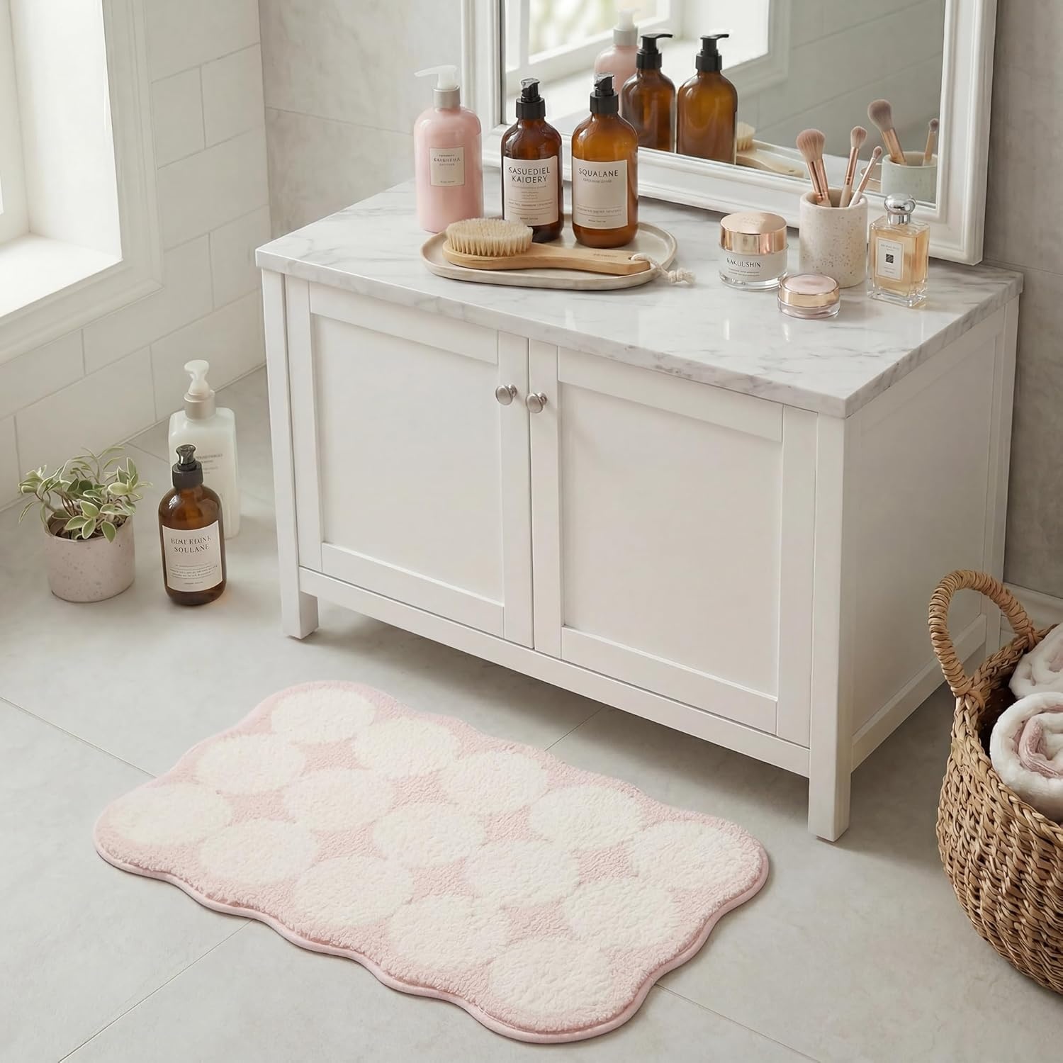 image:imageGRANNY SAYS Checkered Pink Bathroom Rugs Decor 24 x 16 Fluffy Rug Absorbent Microfiber Ultra Soft Bath Mat Washable NonSlip Bath Mats for Bathroom Cute Floor Mat for Tub Shower BedroomPinkcute Waved