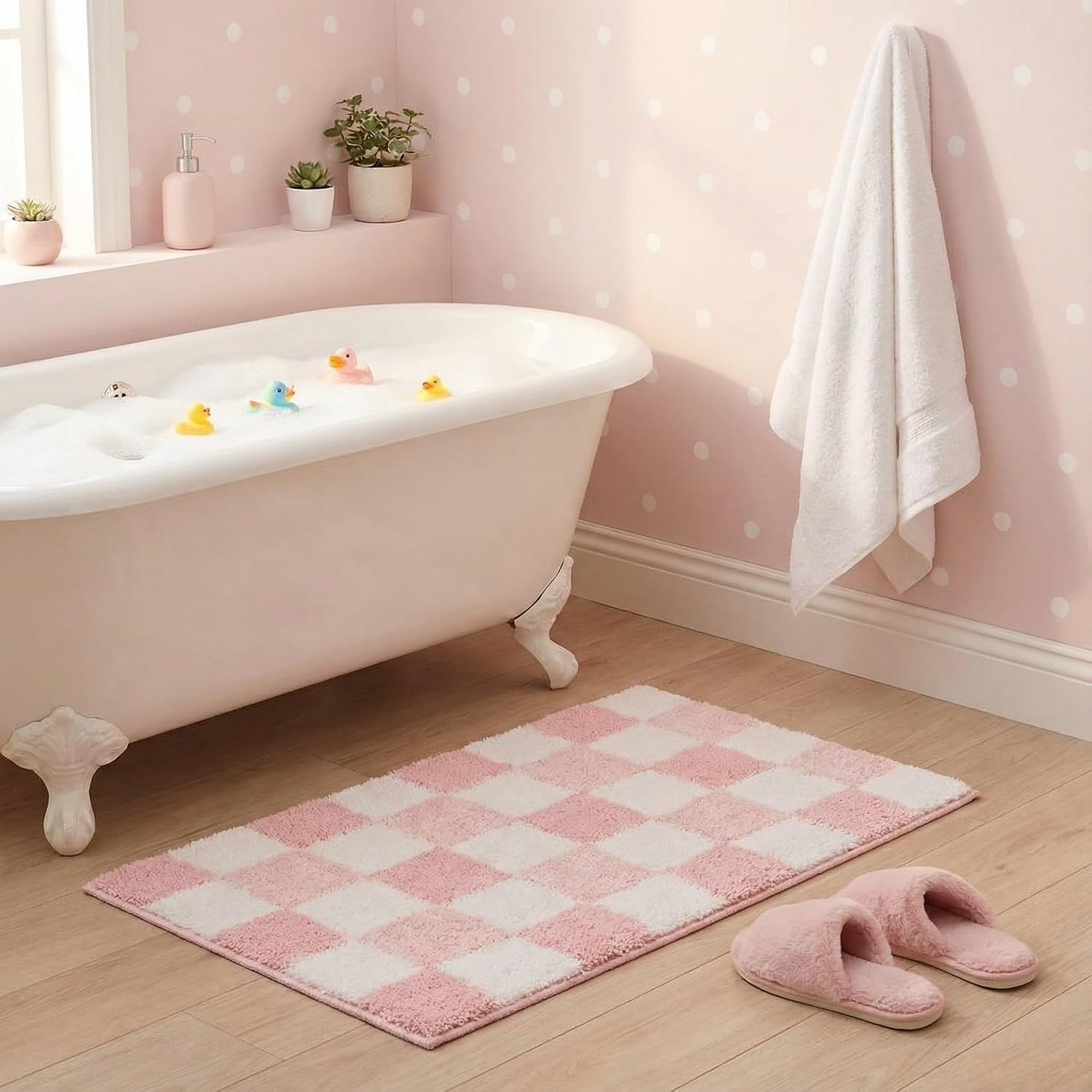 image:imageGRANNY SAYS Checkered Pink Bathroom Rugs Decor 24 x 16 Fluffy Rug Absorbent Microfiber Ultra Soft Bath Mat Washable NonSlip Bath Mats for Bathroom Cute Floor Mat for Tub Shower BedroomPink