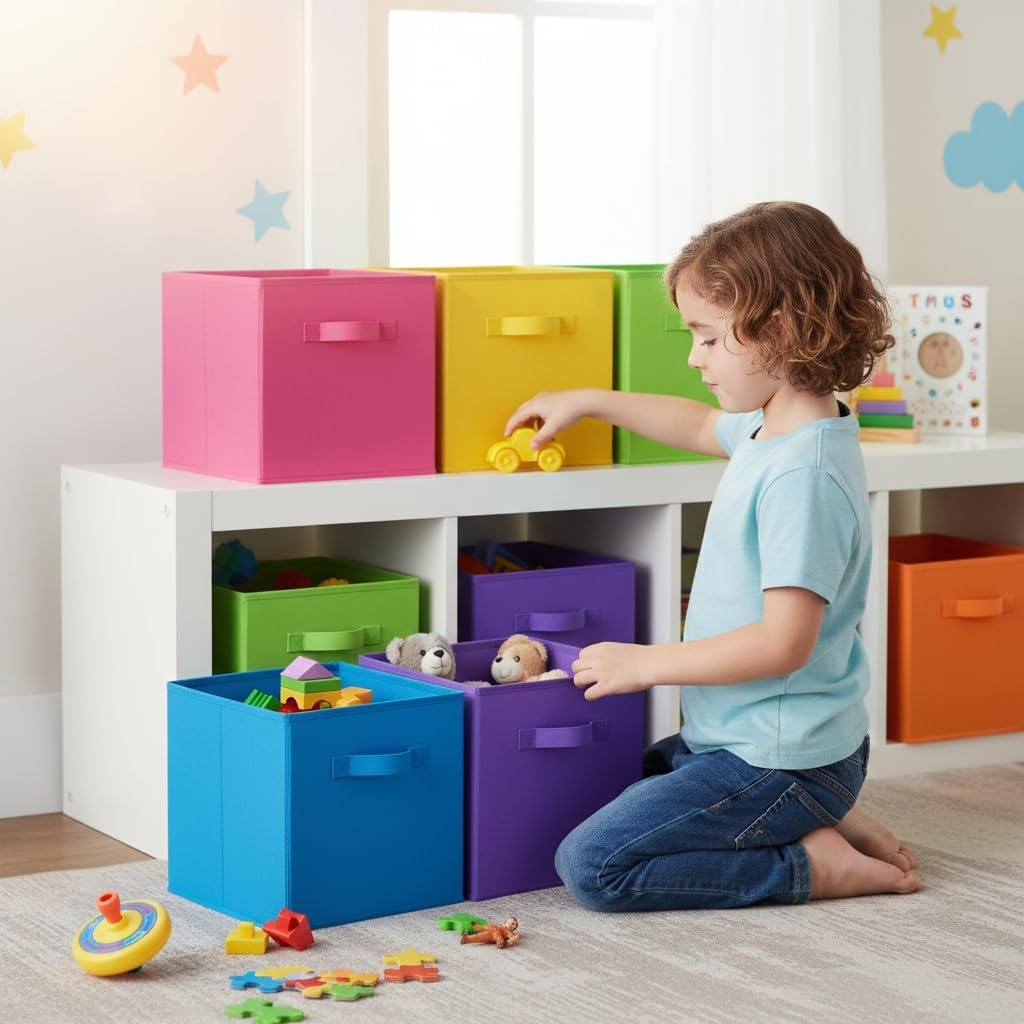 image:imageGRANNY SAYS Cube Storage Bins 11 Inch 6 Pack Storage Cube Organizer Foldable Fabric Storage Boxes with Handle Decorative Clothing Storage Baskets for Shelves Closet PinkRainbow