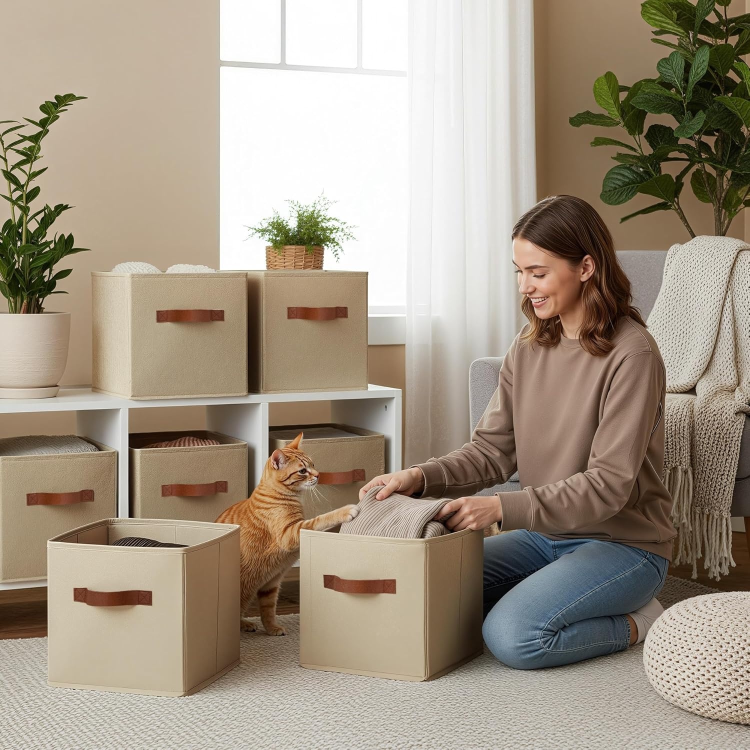 image:imageGRANNY SAYS Cube Storage Bins 11 Inch 6 Pack Storage Cube Organizer Foldable Fabric Storage Boxes with Handle Decorative Clothing Storage Baskets for Shelves Closet PinkKhaki