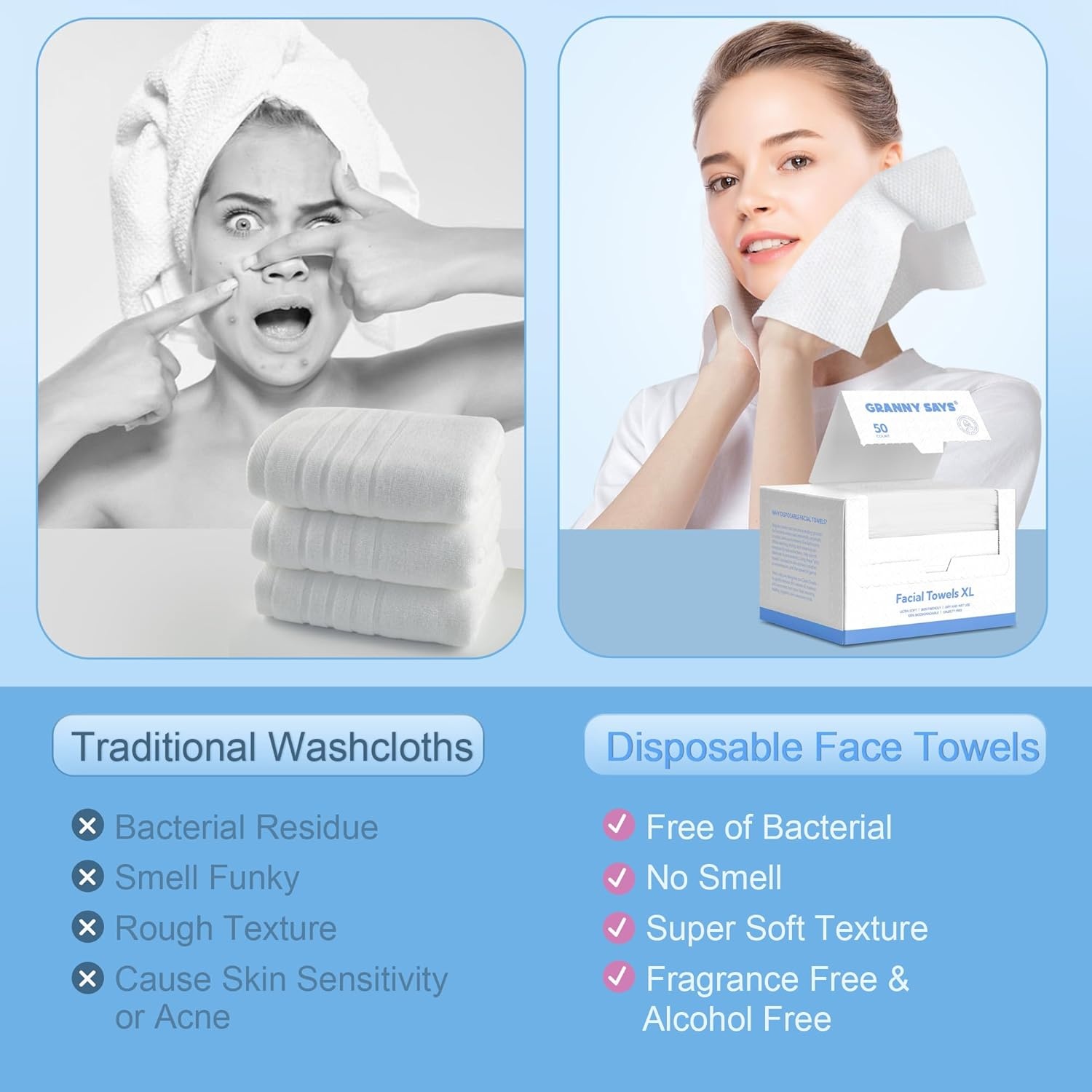 image:imageGRANNY SAYS Disposable Face Towel Face Towelettes Disposable Biobased 50 Count Extra Thick Soft Face Towels Clean Skin Towels for Remove Makeup Facial Cleansing Nursing Travel 1012