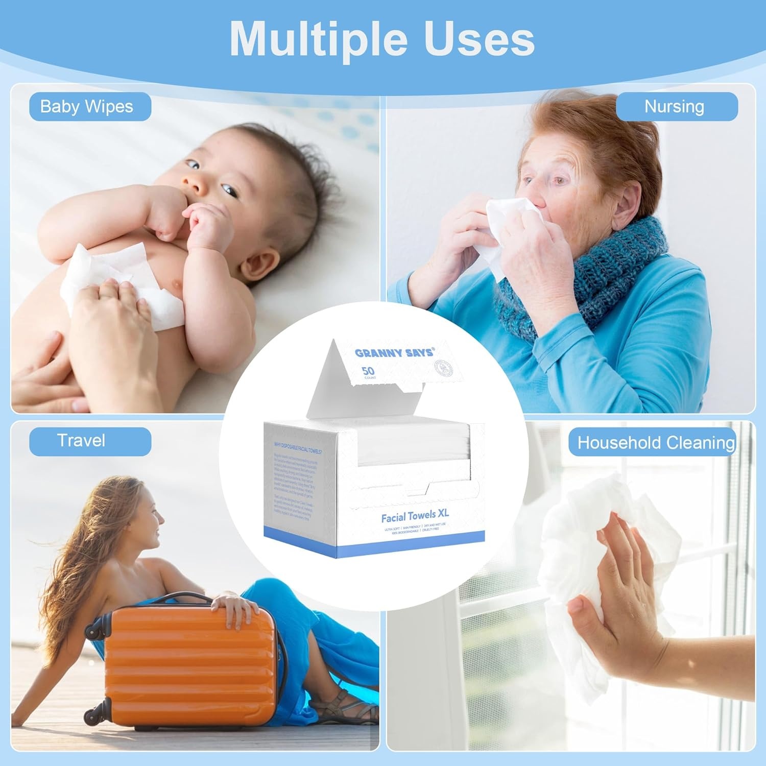 image:imageGRANNY SAYS Disposable Face Towel Face Towelettes Disposable Biobased 50 Count Extra Thick Soft Face Towels Clean Skin Towels for Remove Makeup Facial Cleansing Nursing Travel 1012
