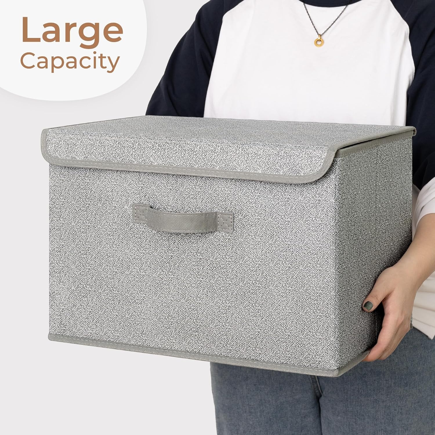 image:imageGRANNY SAYS Fabric Storage Boxes Memory Keepsake Box Large Storage Bins with Lids Closet Organizers Toy Box Storage Baskets for Shelves WhiteGray 2PackAsh Gray